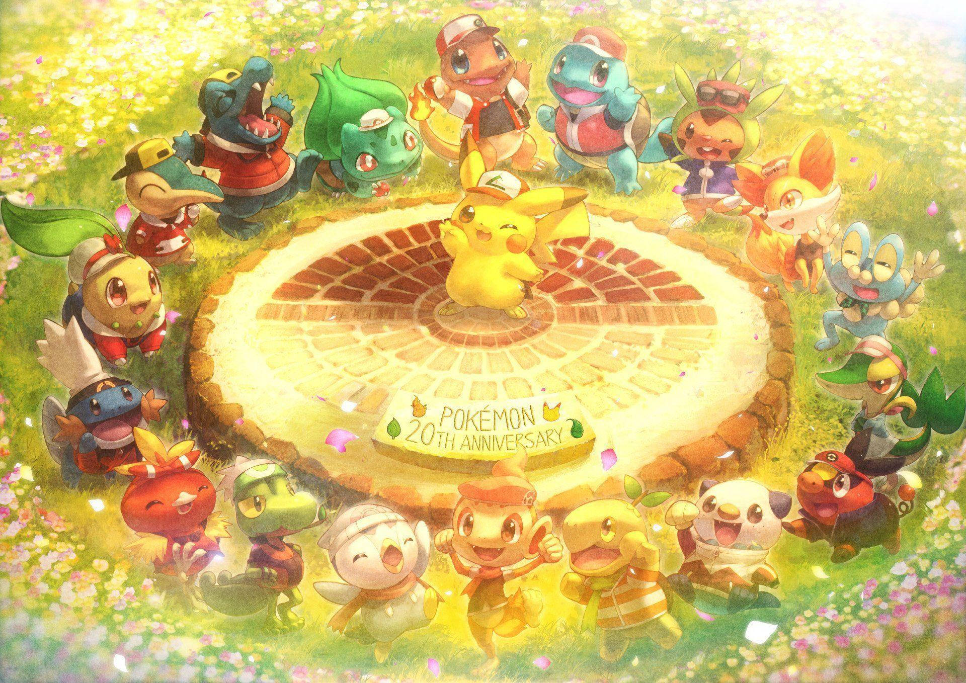 Chimchar And Other Pokemon Anniversary Illustration Background