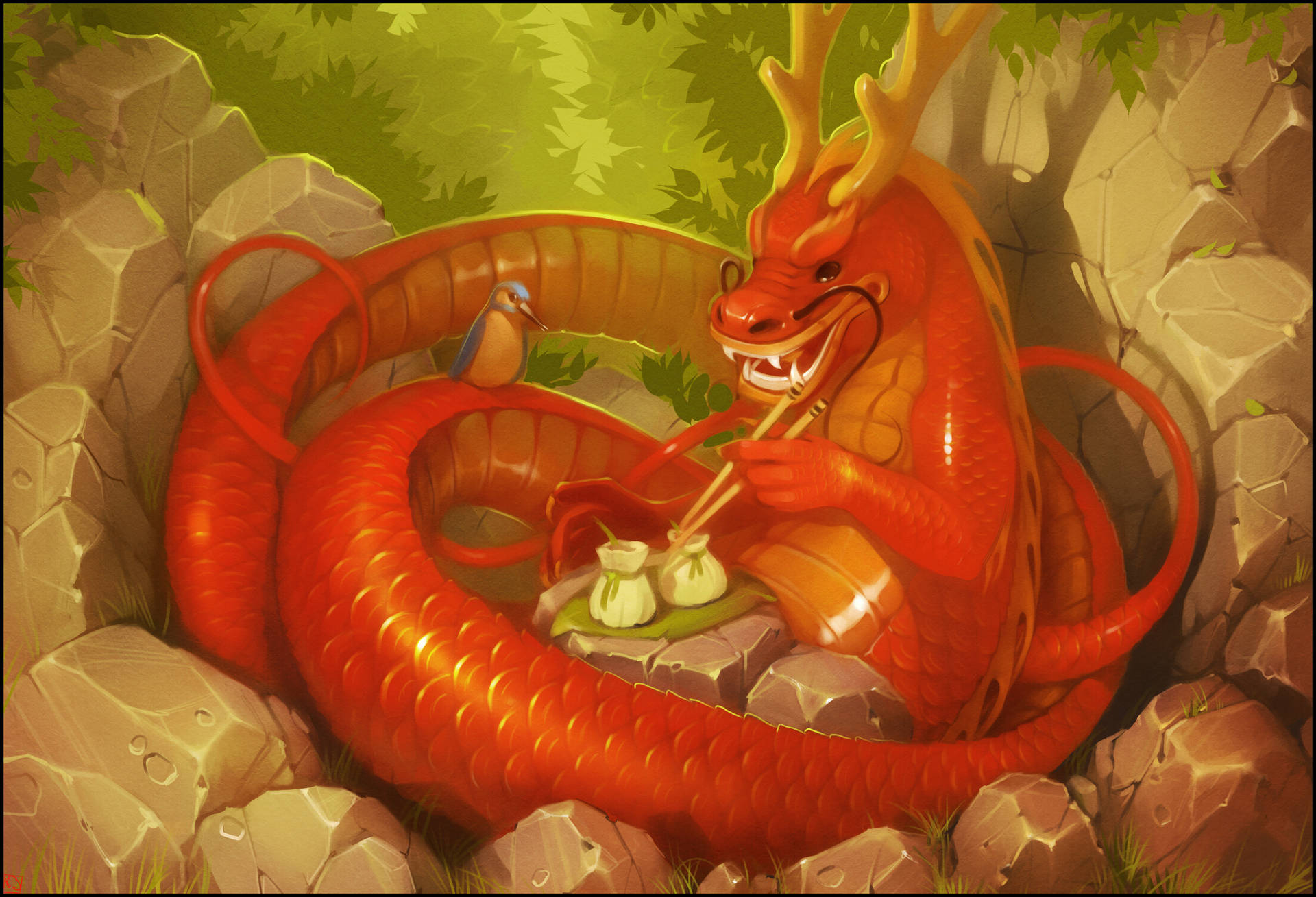 Chinese Dragon Enjoying Dim Sum Background