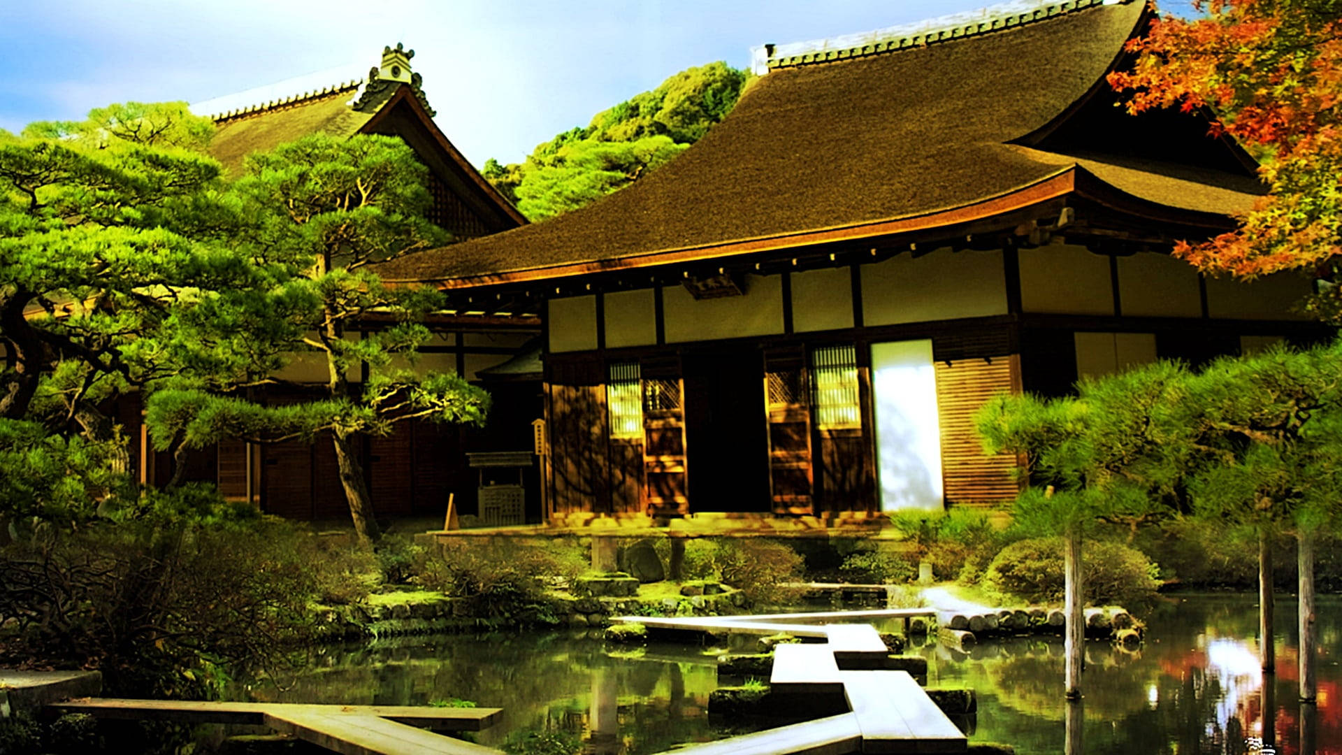 Chinese House With Pond Background