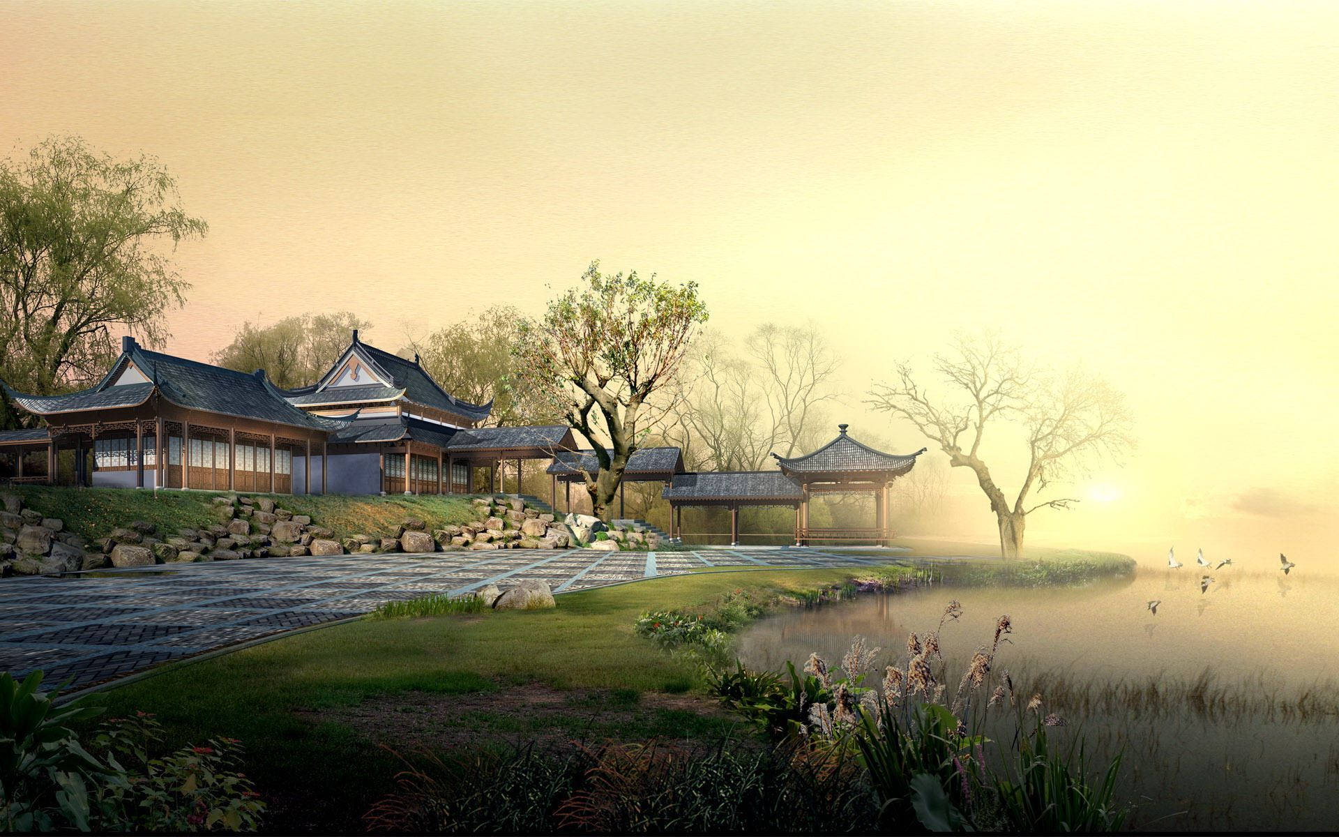 Chinese House With Sunset Background