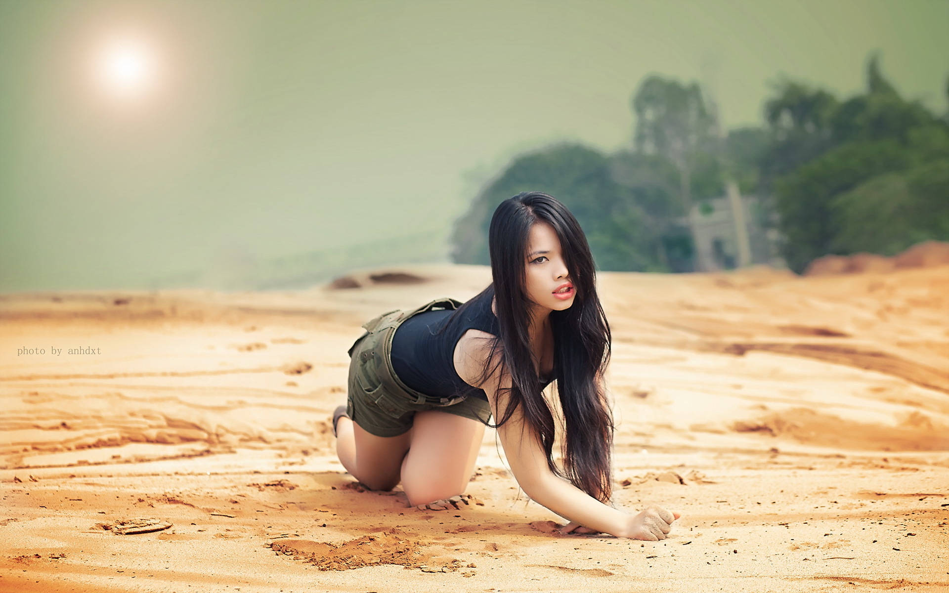 Chinese Woman Posing On Beach Background