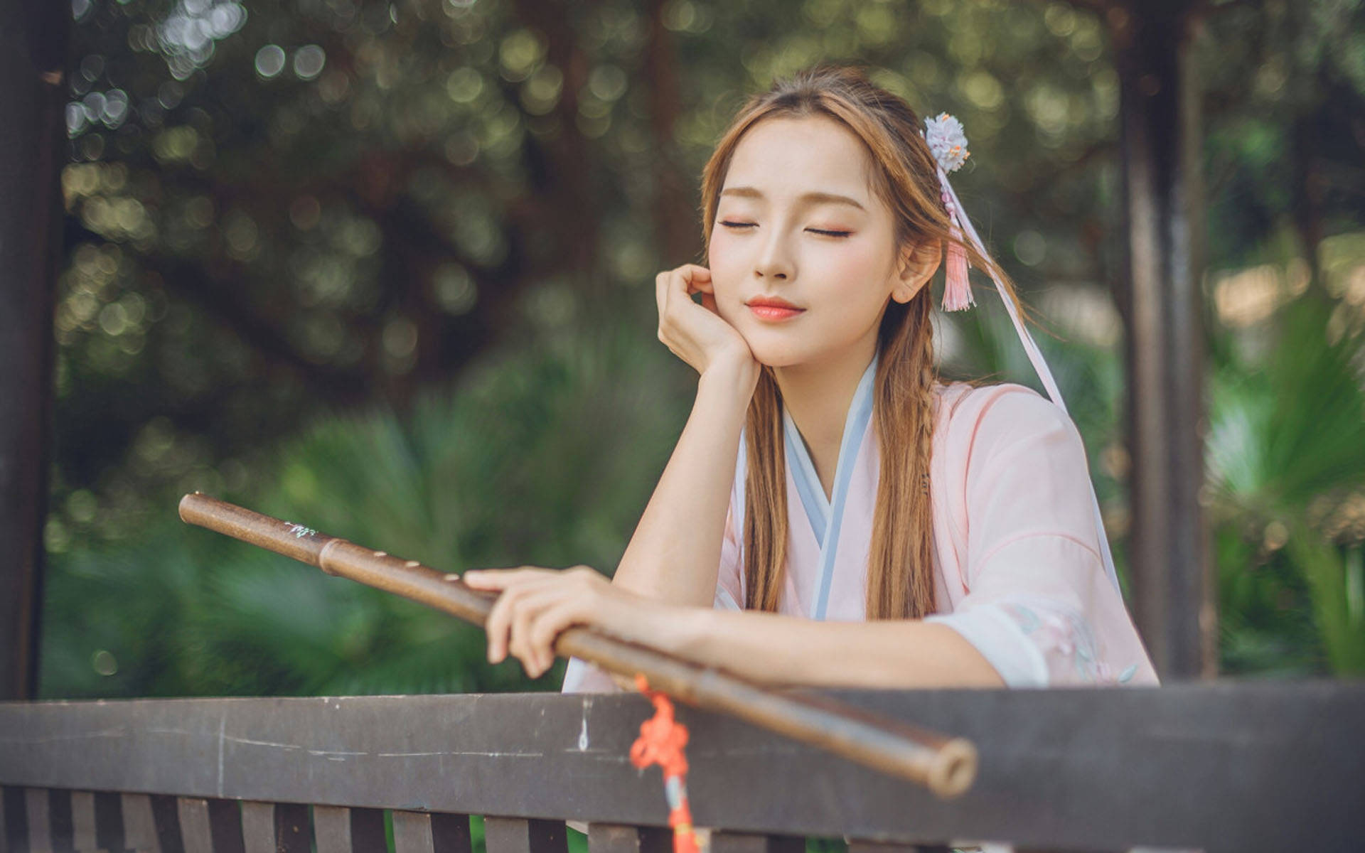 Chinese Woman With Dizi Background