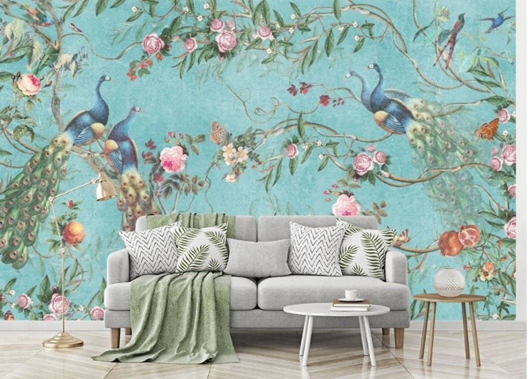 Chinoiserie Blue Peafowl Background