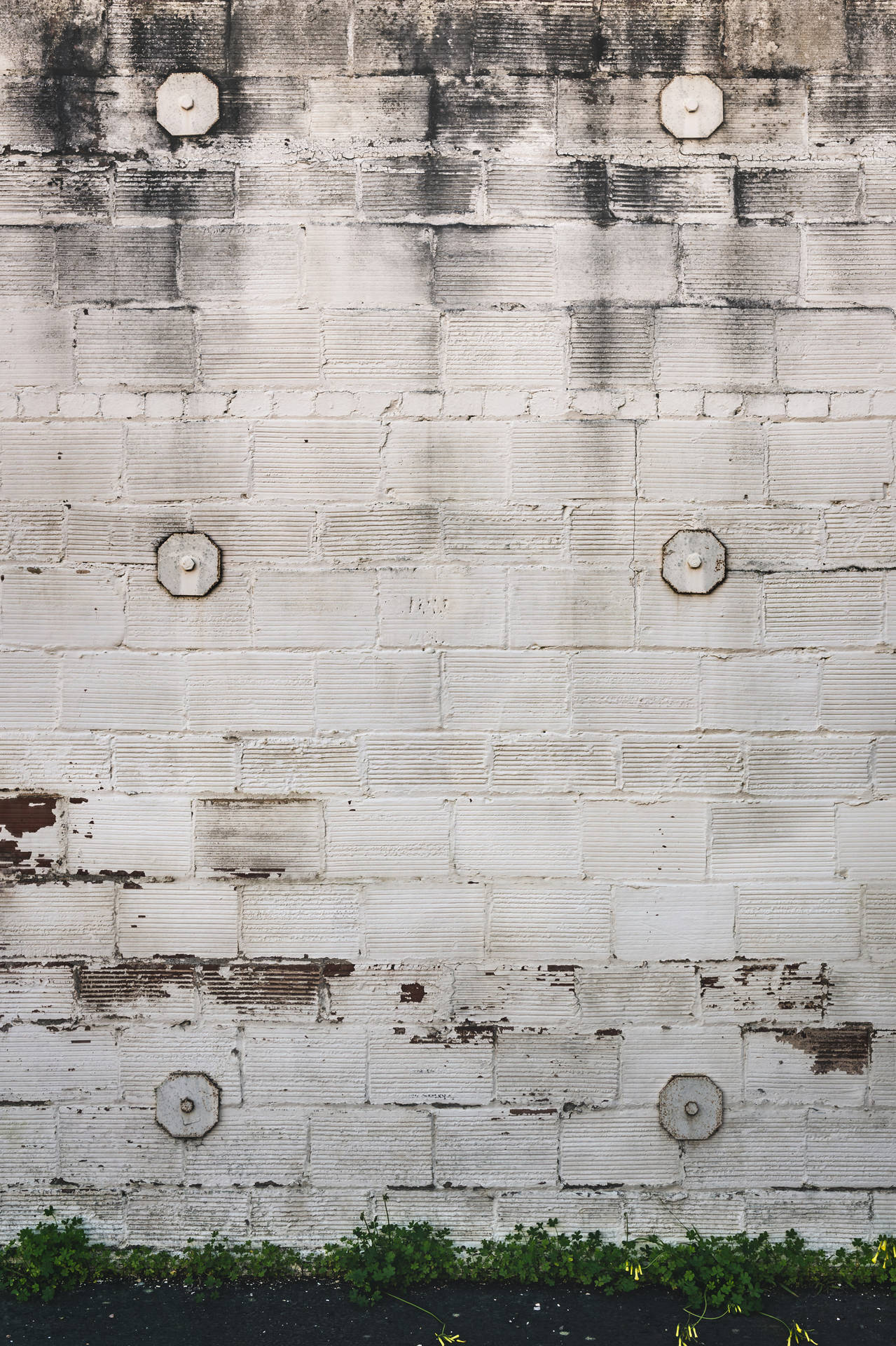 Chiseled White Brick Wall With Bolts Background
