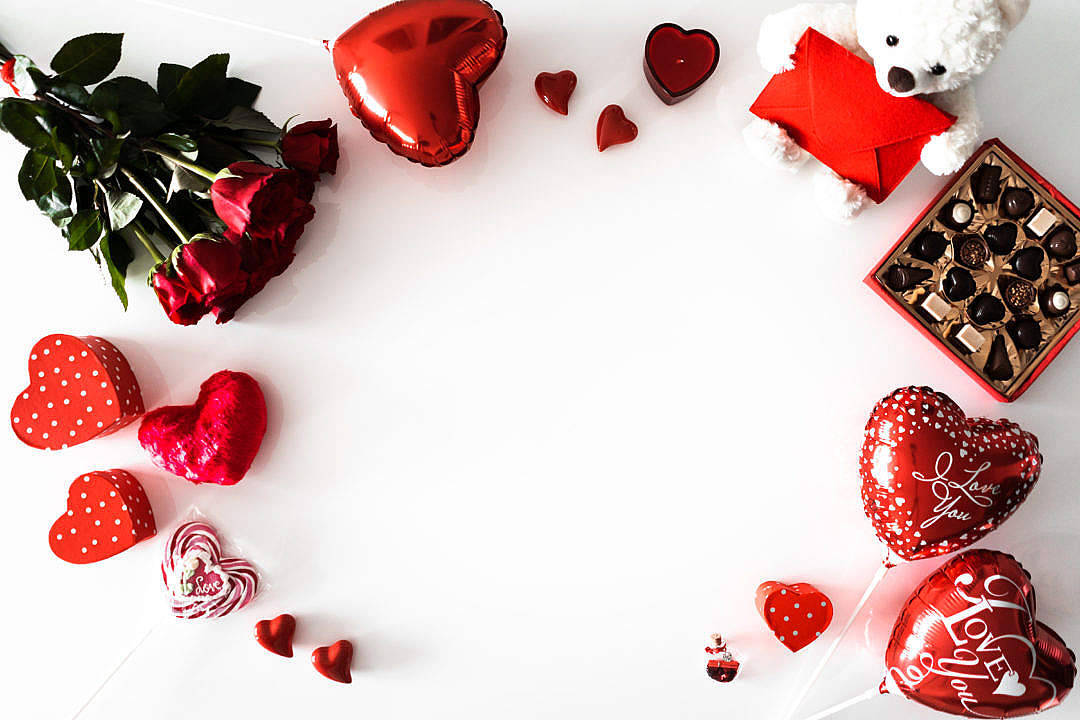 Chocolates, Balloons, And Romantic Love Flowers Background