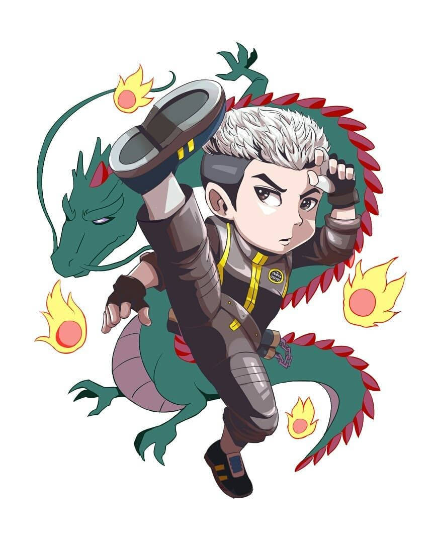 Chou Ml Chibi Kick With Dragon Background
