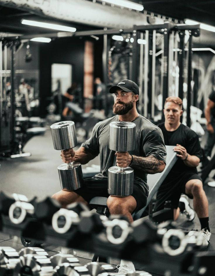 Chris Bumstead Holding Two Large Dumbbells Background