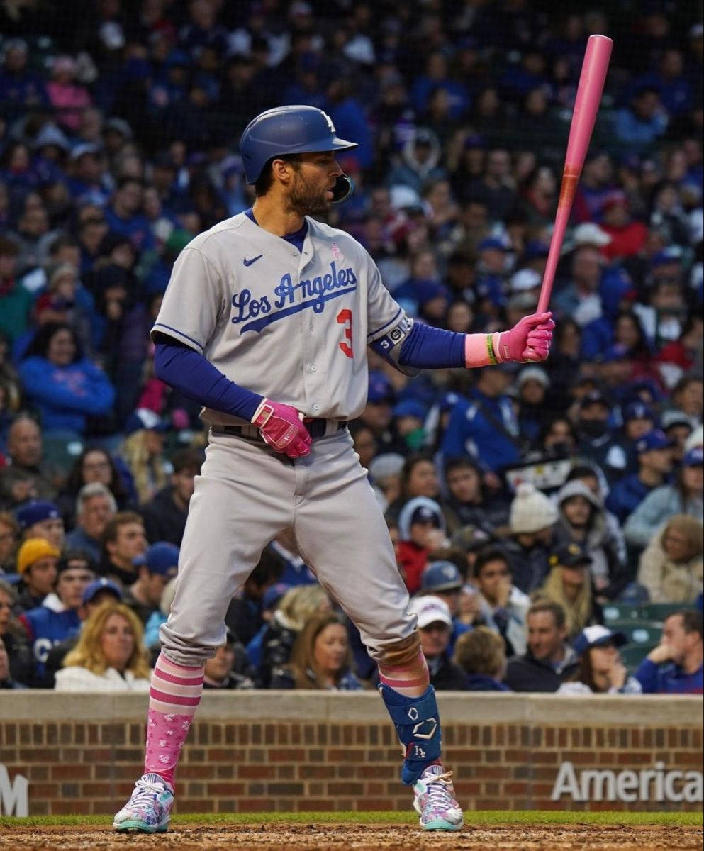 Chris Taylor Holding A Pink Bat