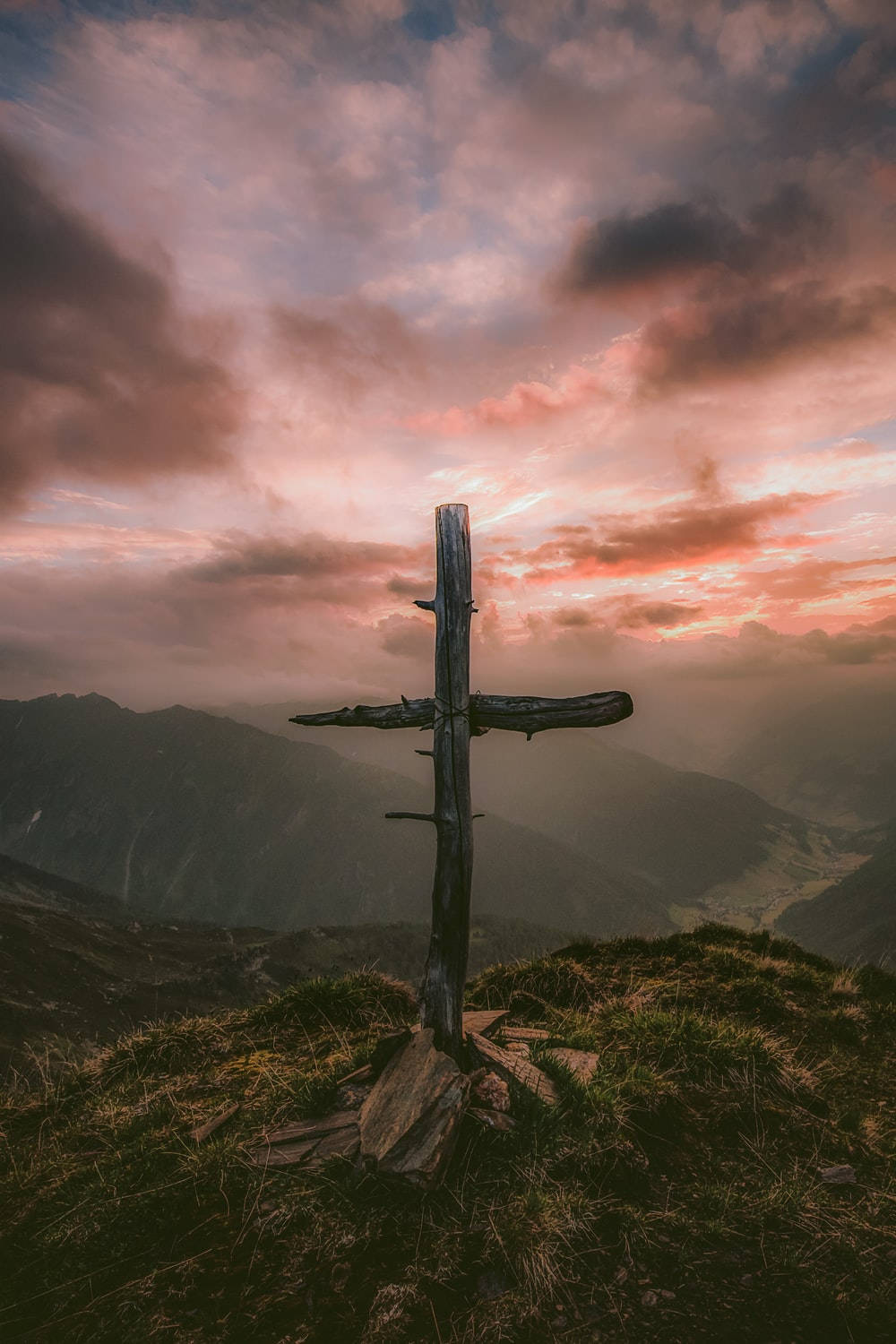 Christian Cross Top Of Green Mountain Background