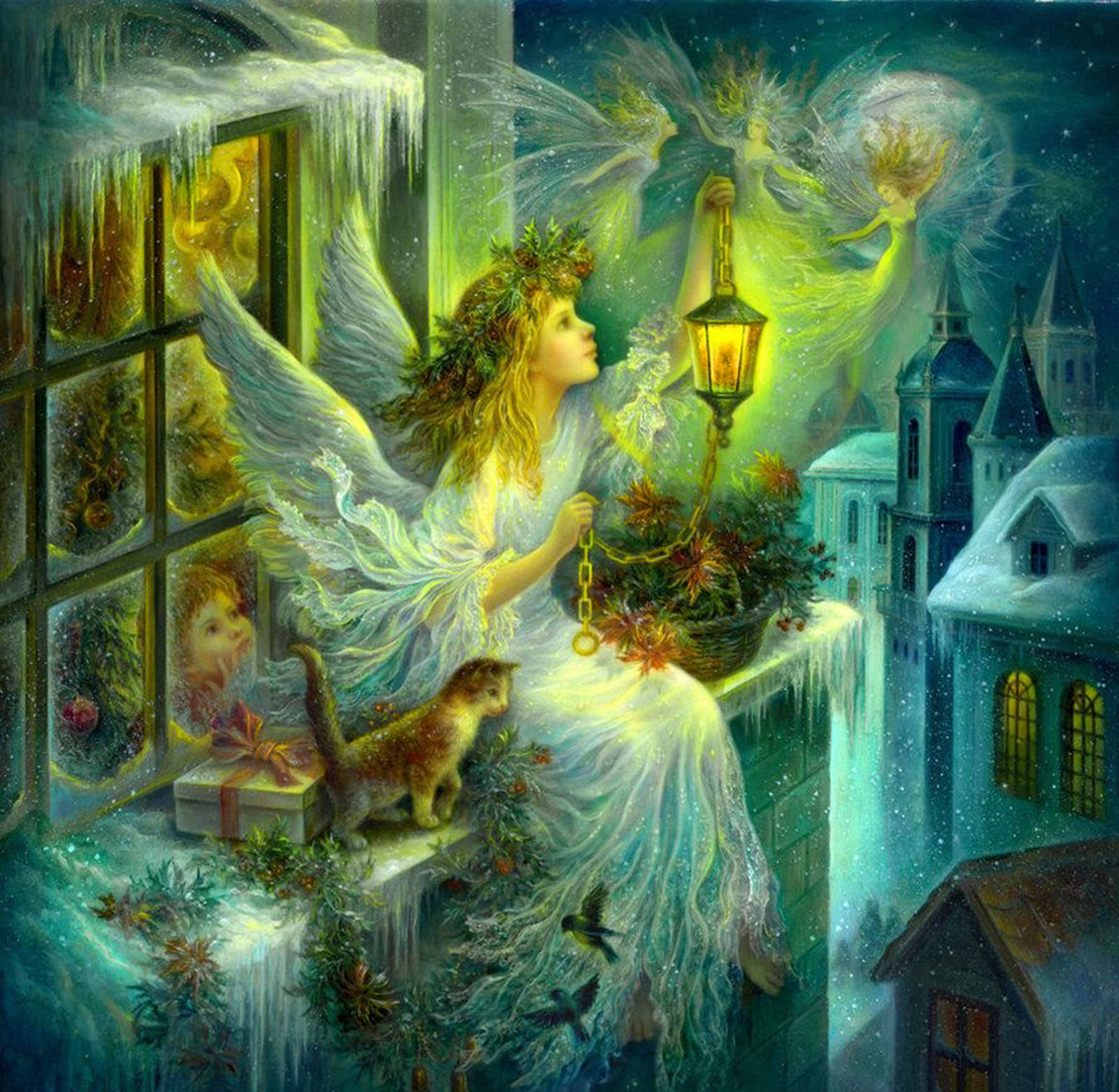 Christmas Angel At Snowy Night Background