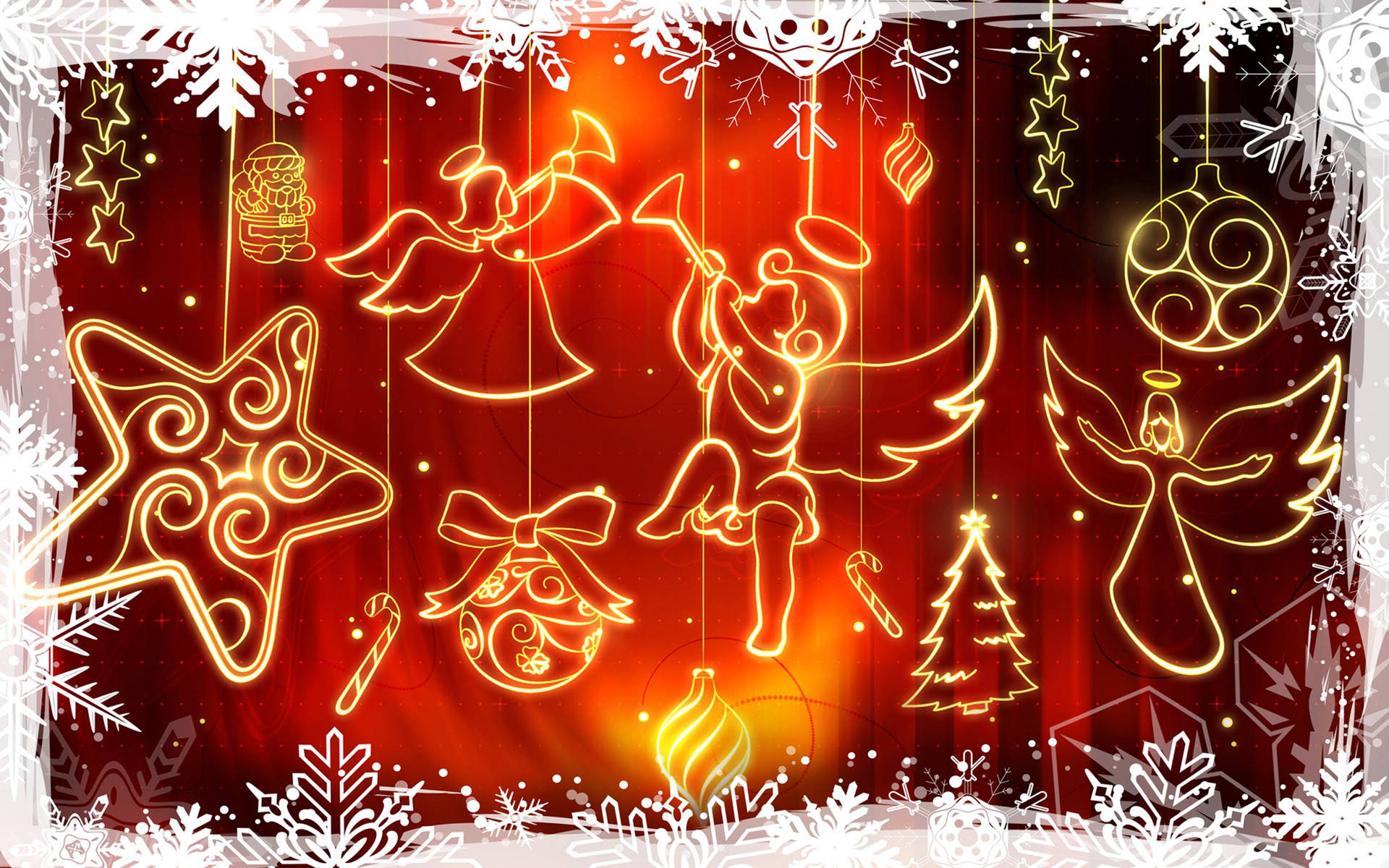 Christmas Angels And Ornaments Lights Background