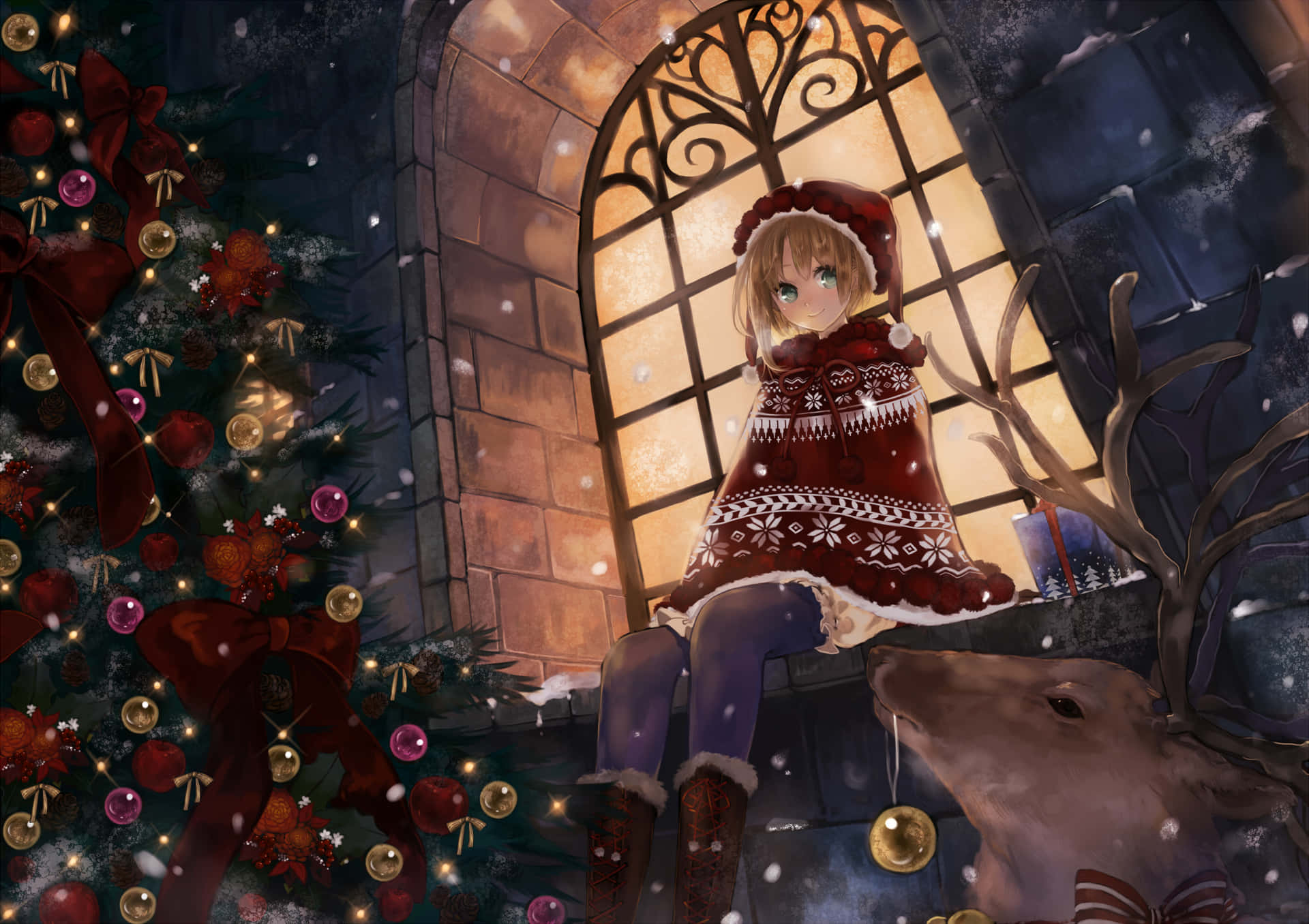 Christmas Anime Pfp Of Anime Girl With Reindeer Background