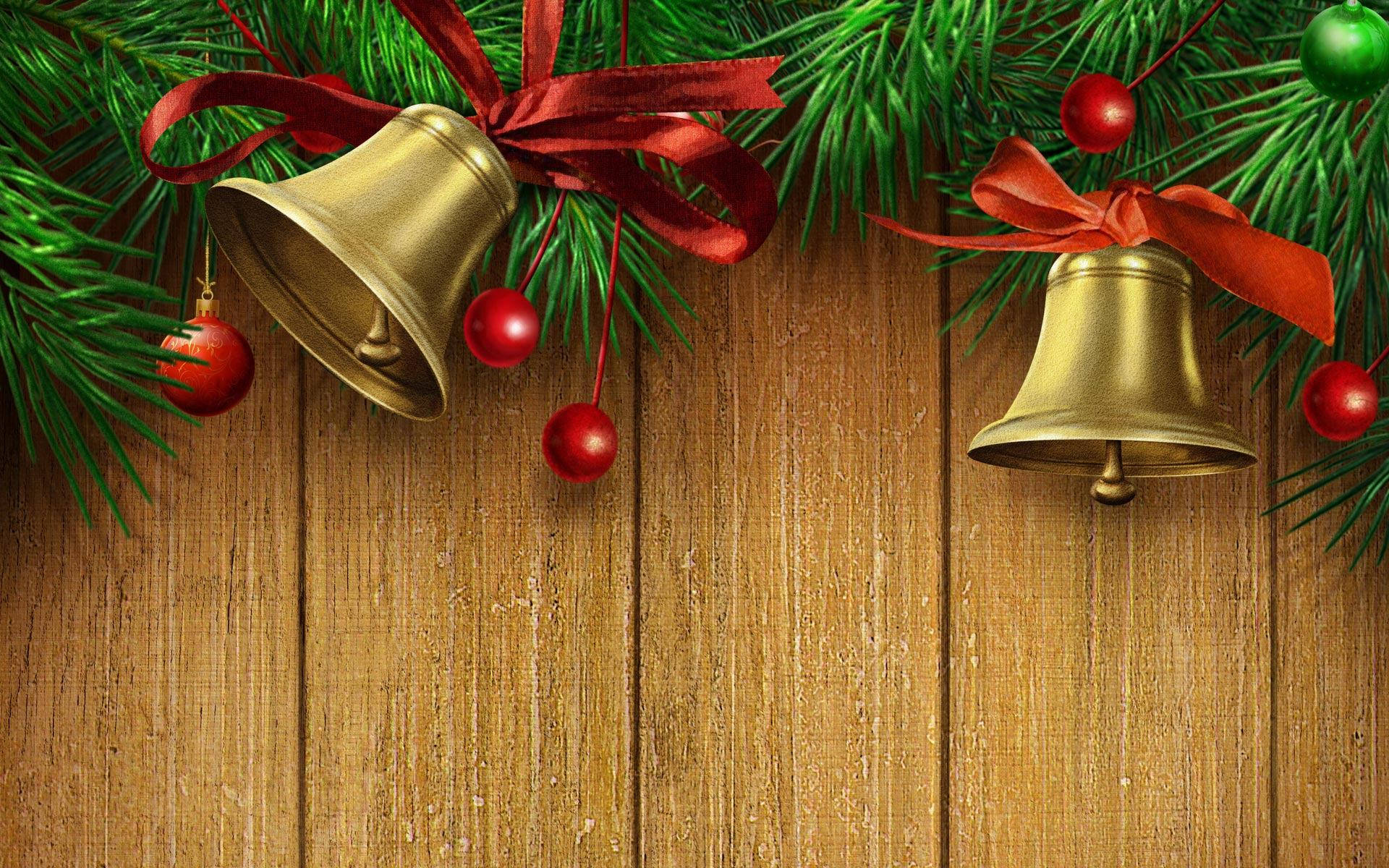 Christmas Bells On Wood Background