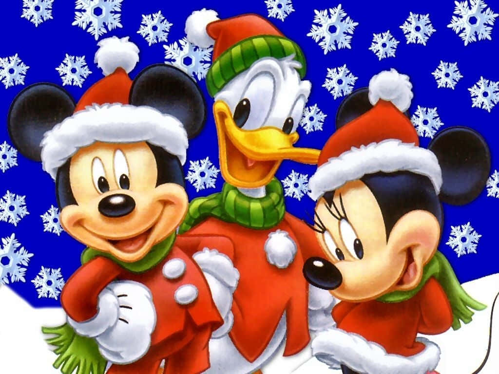 Christmas Cartoon Mickey And Minnie Mouse With Donald Duck Background