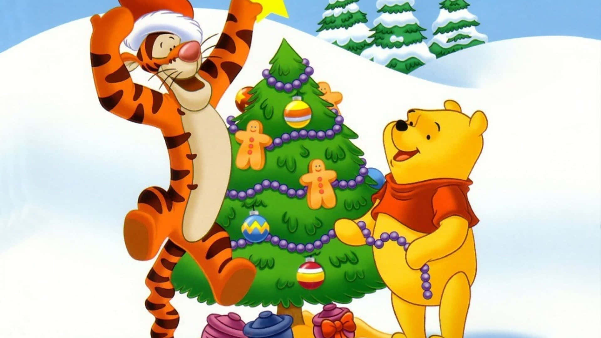 Christmas Cartoon Pooh And Tigger Background