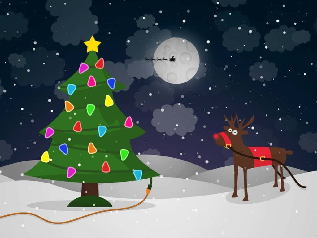 Christmas Cartoon Reindeer In Snow Background