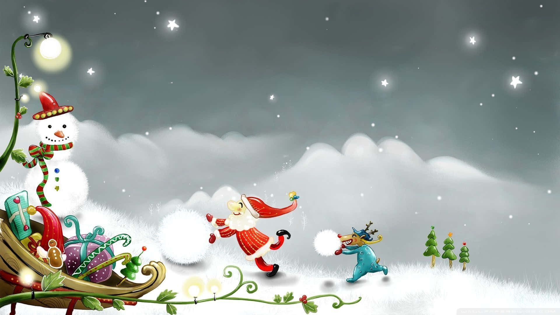 Christmas Cartoon Santa Claus And Snowman