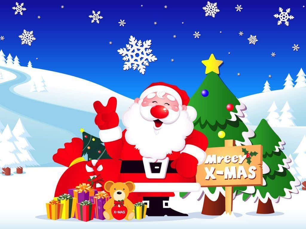 Christmas Cartoon Santa Claus By The Christmas Tree Background