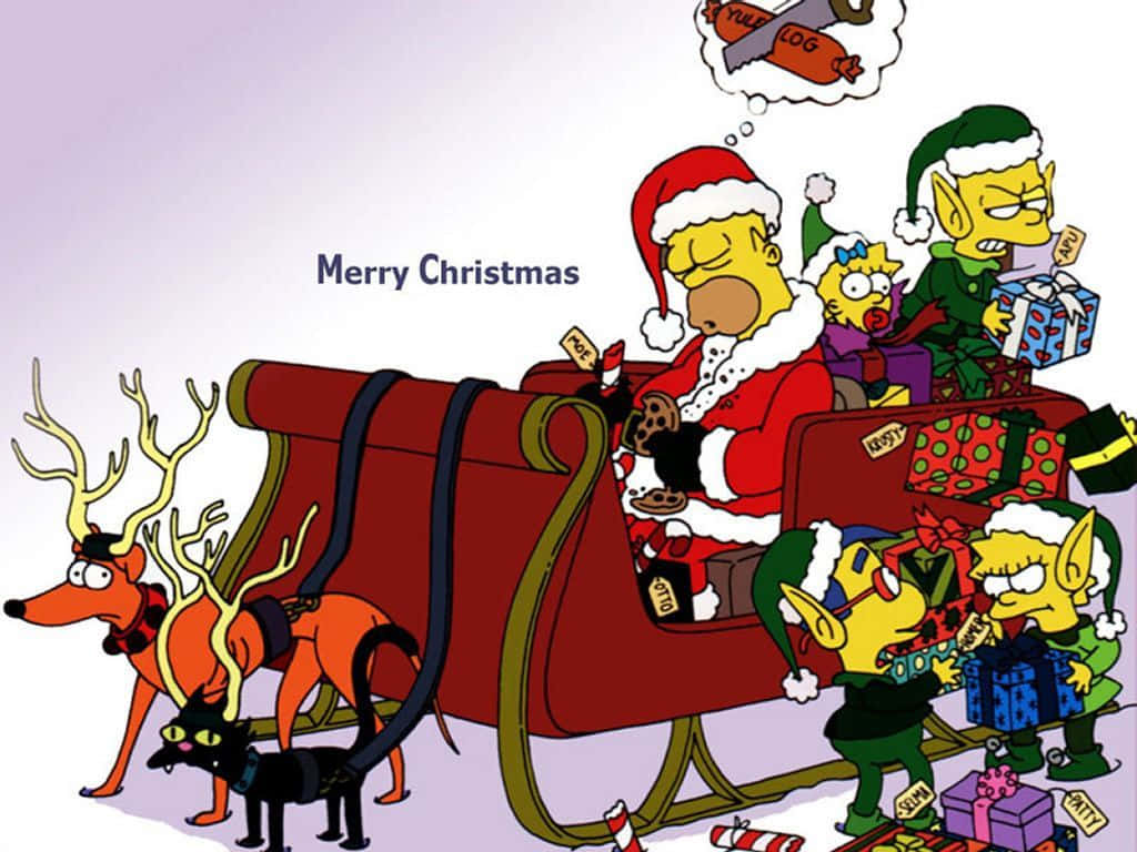 Christmas Cartoon The Simpsons Family On A Sleigh Background