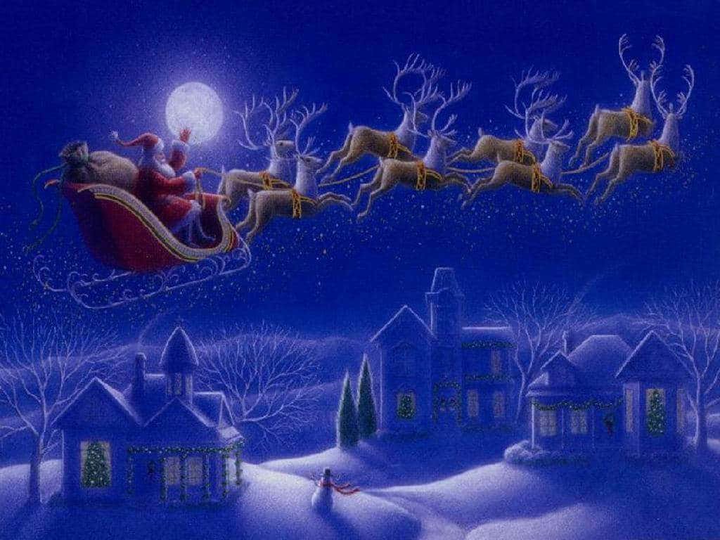Christmas Cartoon With Santa And Flying Reindeer Background