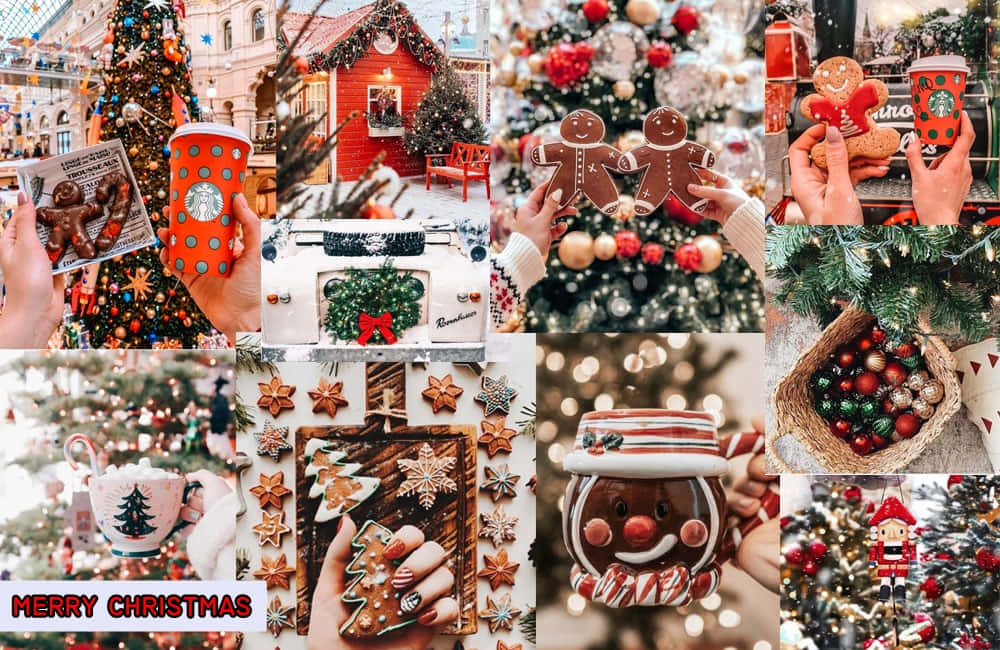 Christmas Collage Laptop Gingerbread Man Background