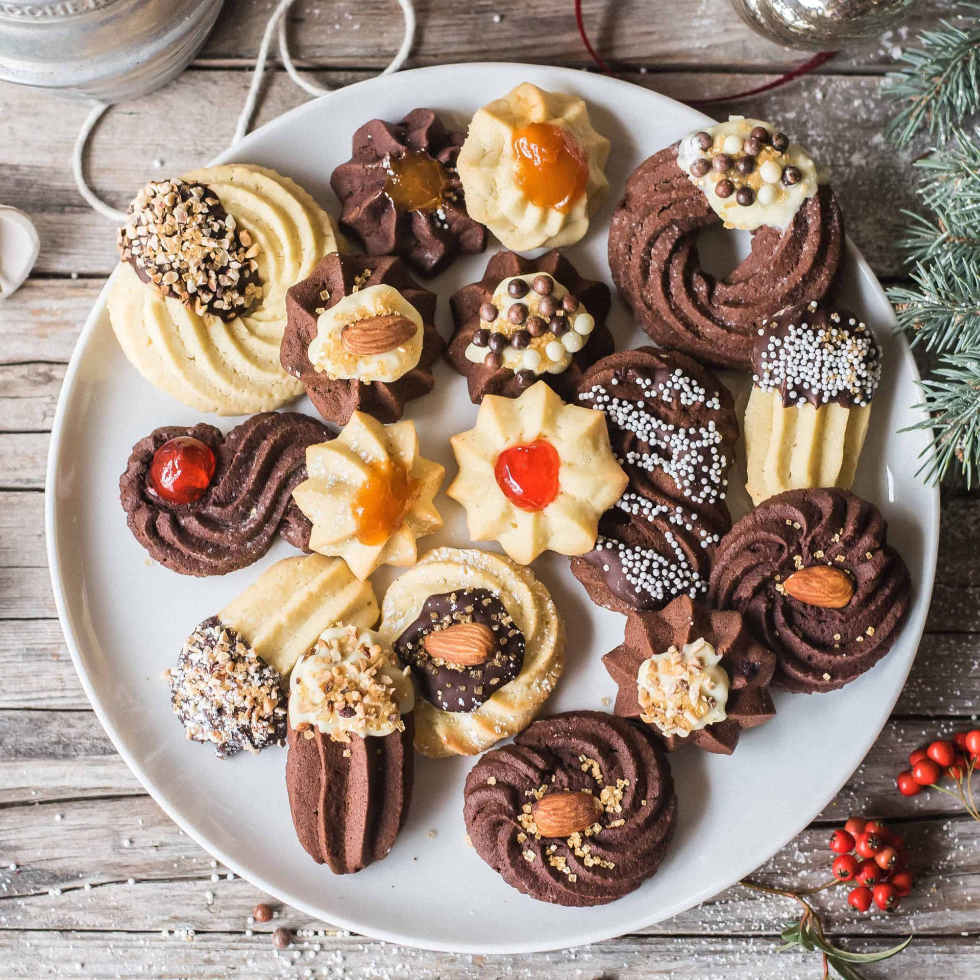 Christmas Cookies With Chocolates And Nuts Background