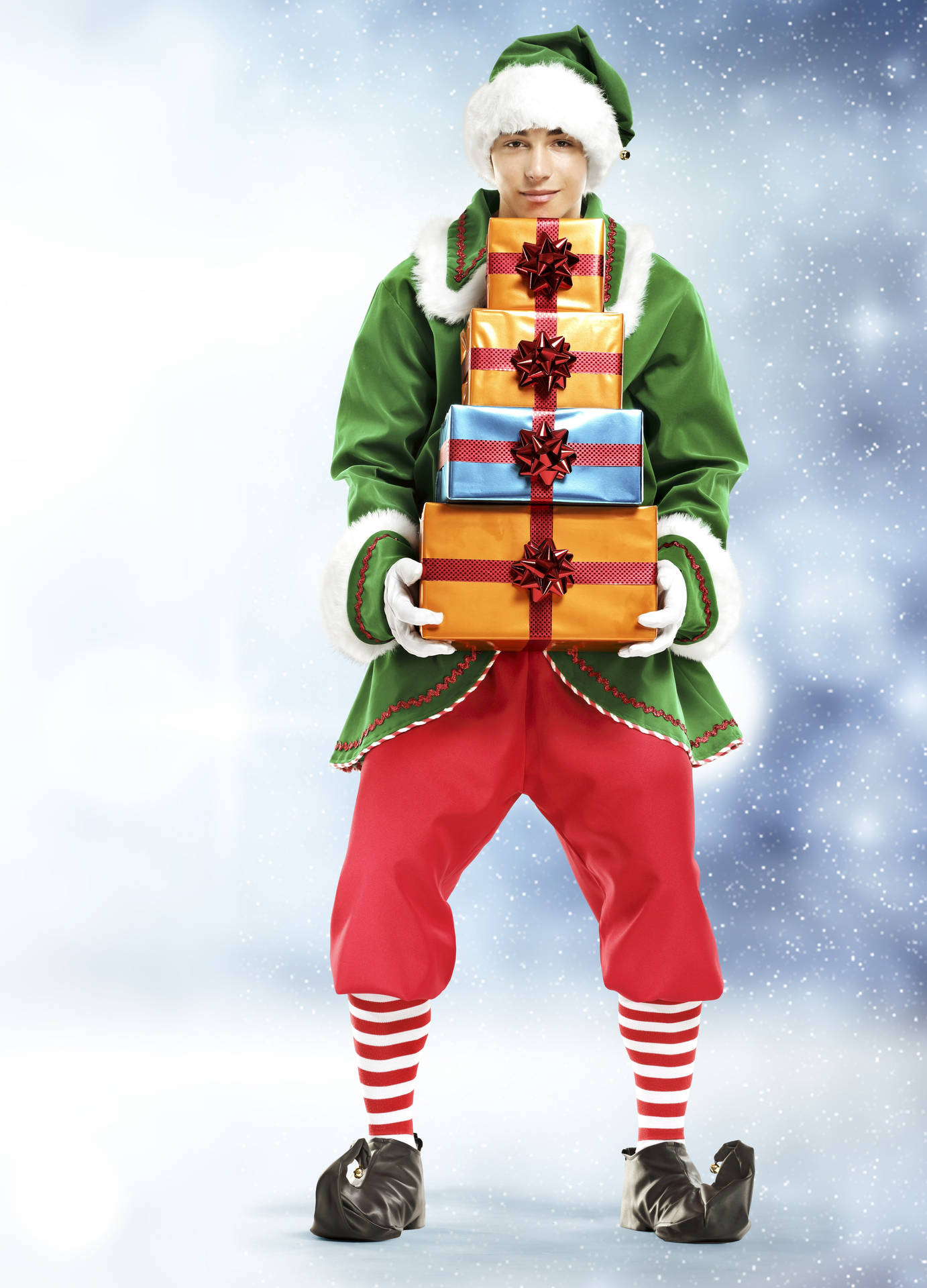 Christmas Elf With Orange Boxes Background