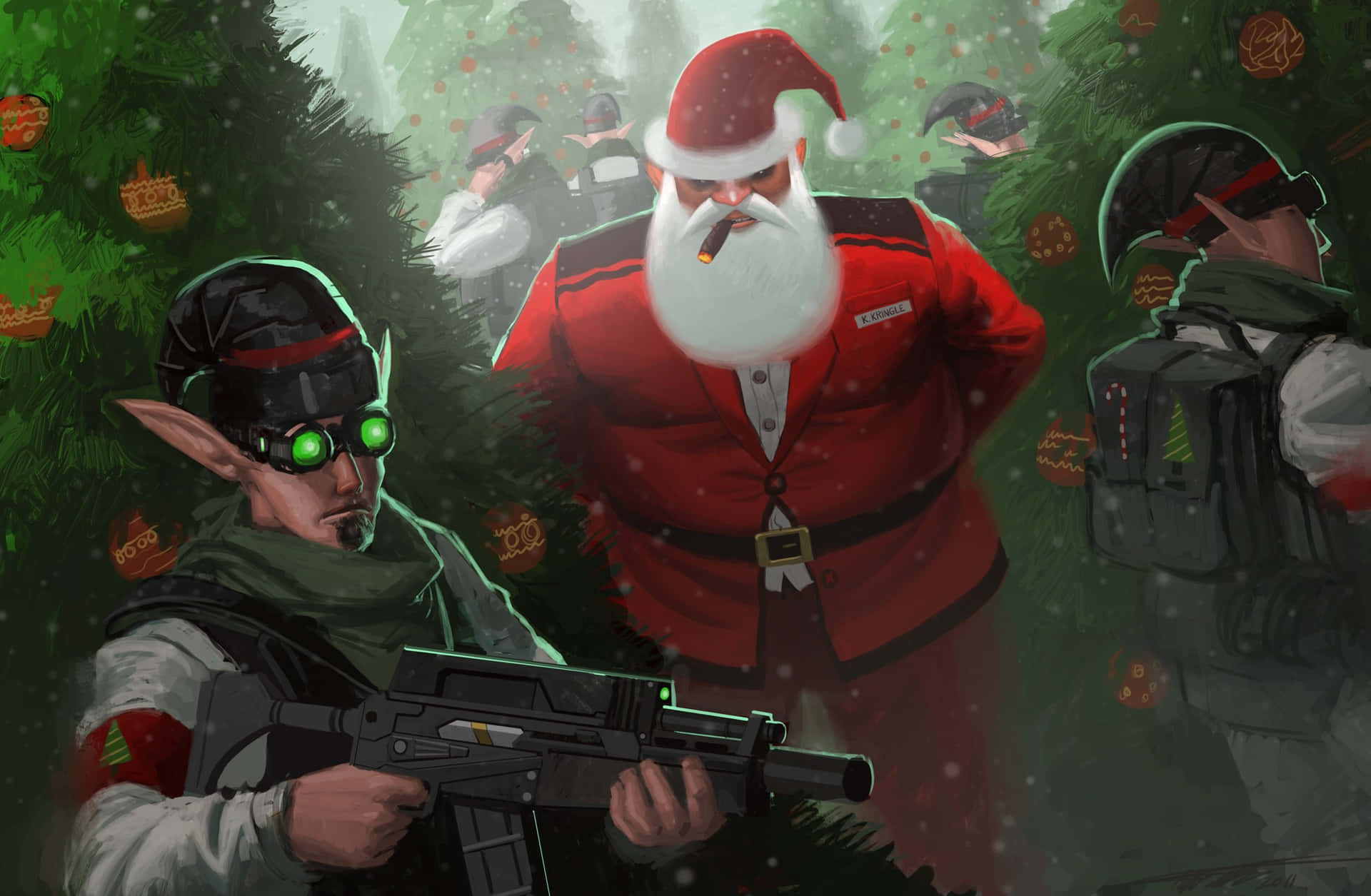 Christmas Elves With Guns Background