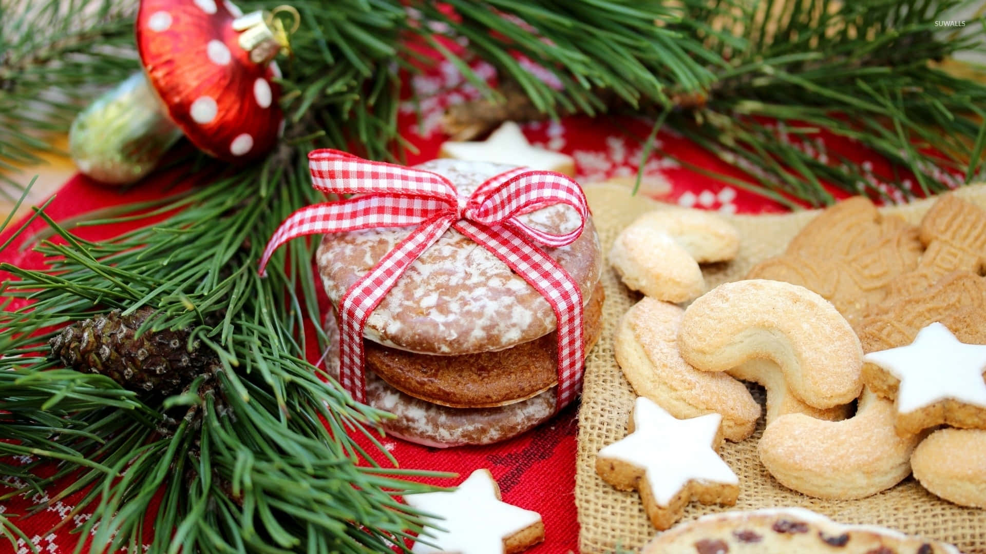 Christmas Eve Cookies With Ribbon Background