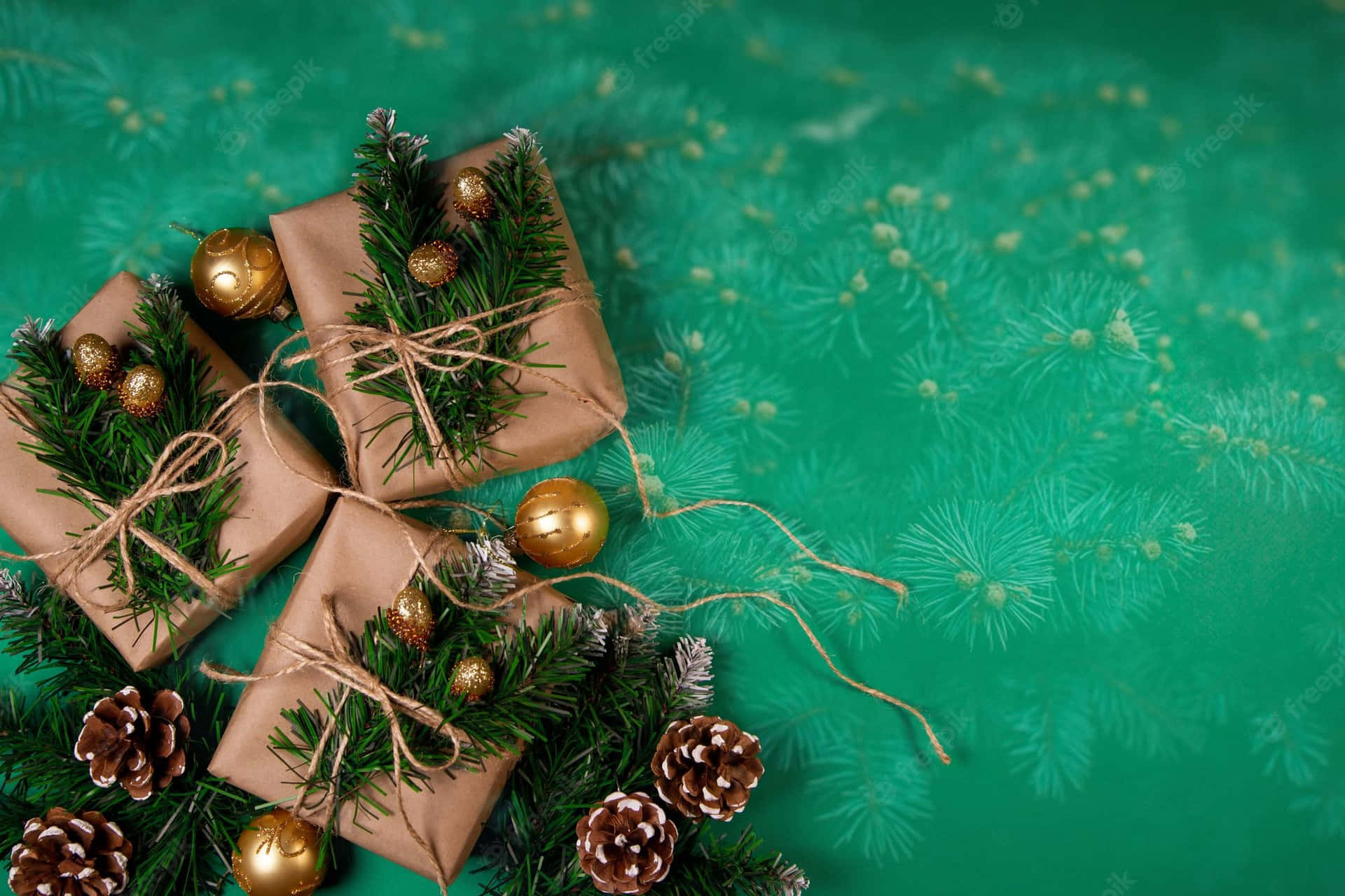 Christmas Gifts On Green Background With Pine Cones And Pine Branches Background