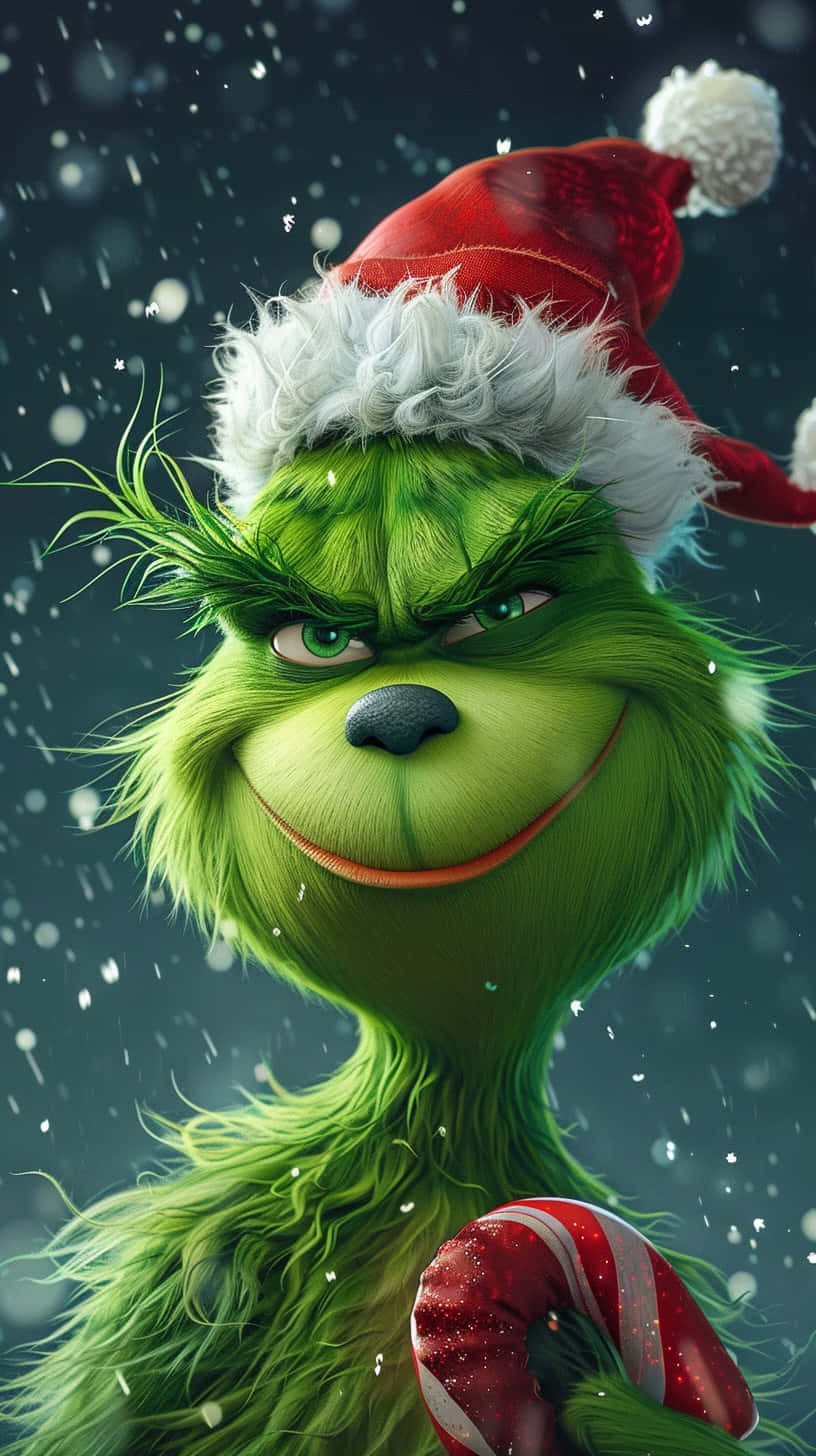 Christmas Grinch Smirkwith Candy Cane Background