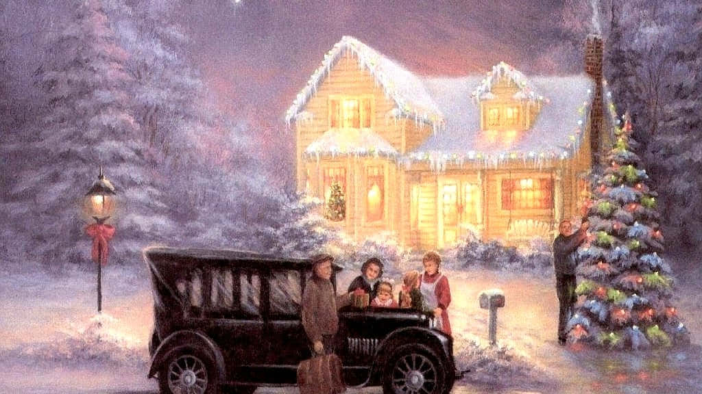 Christmas House With Car And People Background