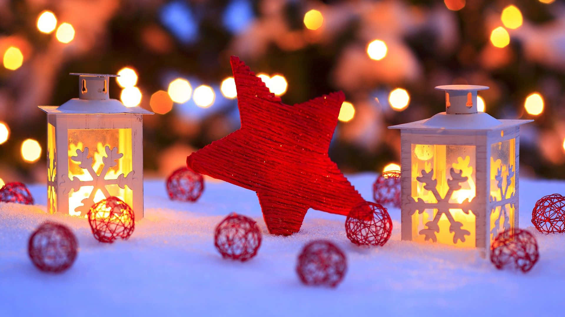 Christmas Lanterns And Decorations In The Snow Background