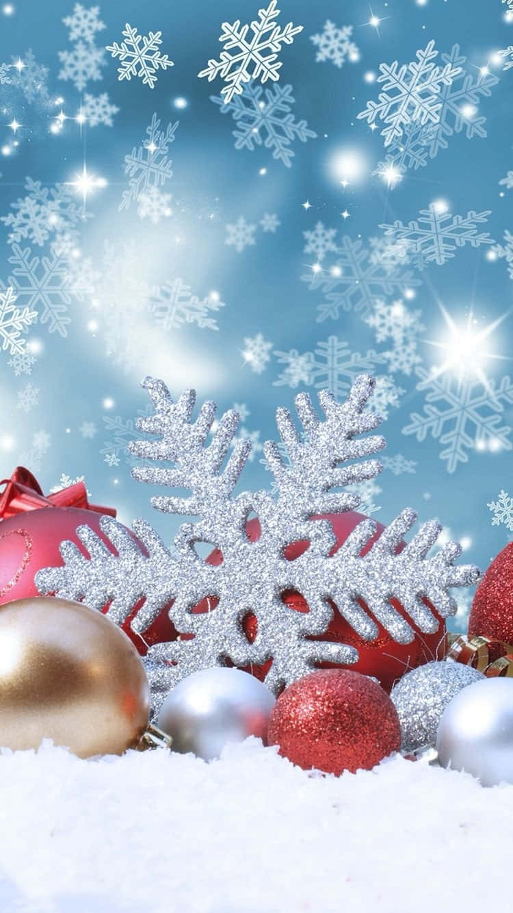 Christmas Ornaments And Snowflakes On A Snowy Background Background