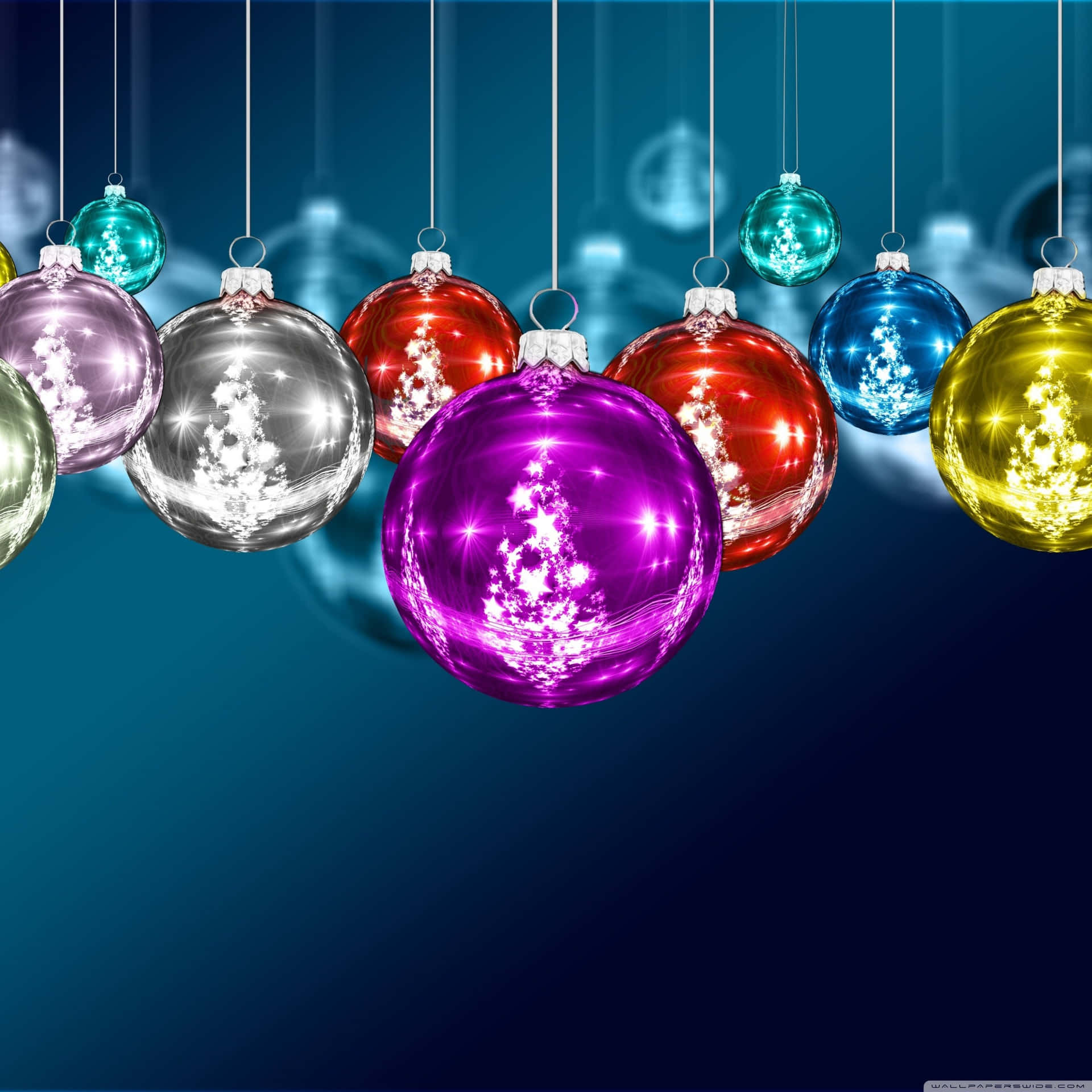 Christmas Ornaments Hanging From Strings On A Blue Background Background