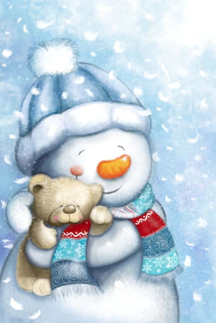 Christmas Snowman Hugging Teddy Bear Background