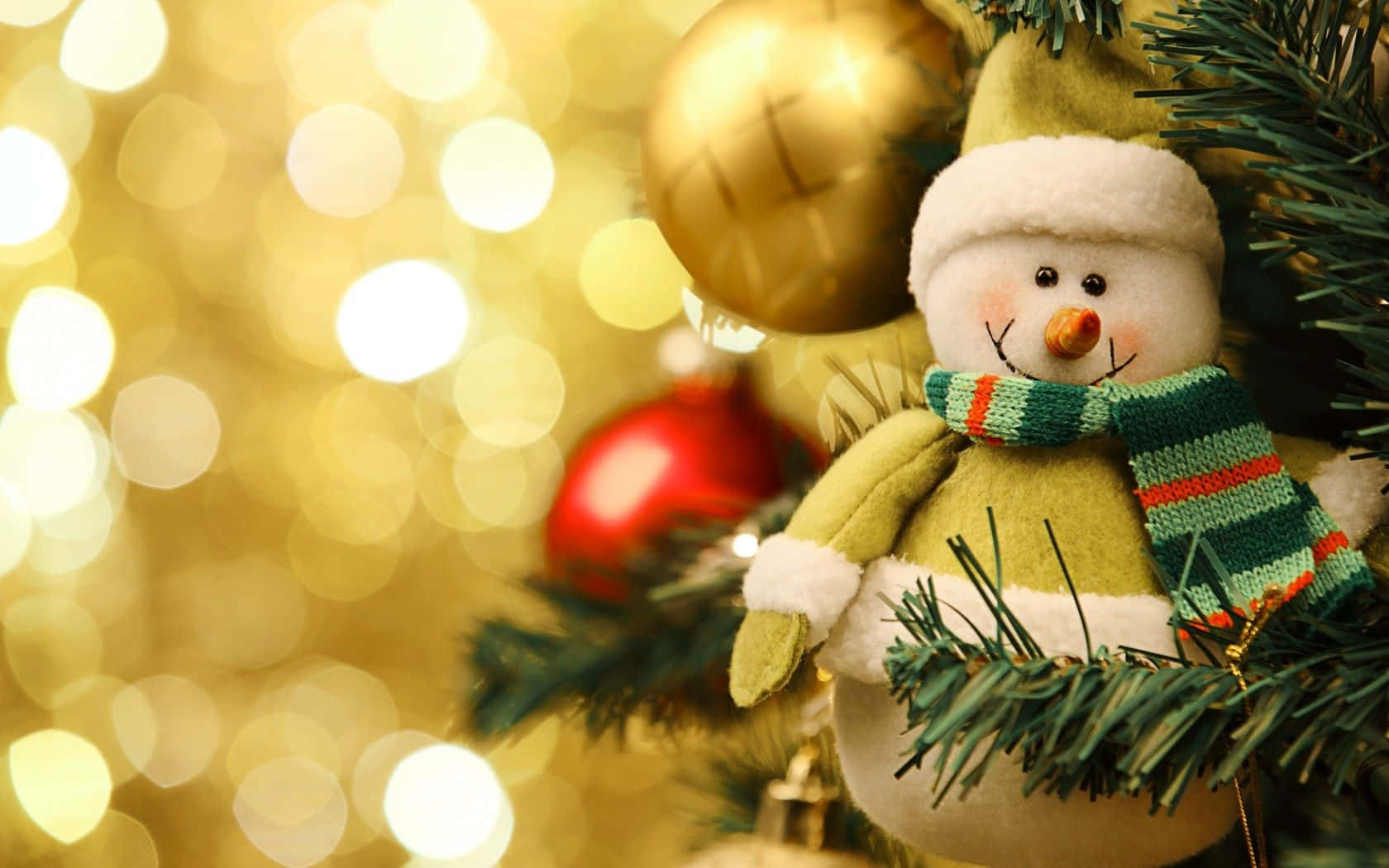 Christmas Snowman Red And Gold Balls Background