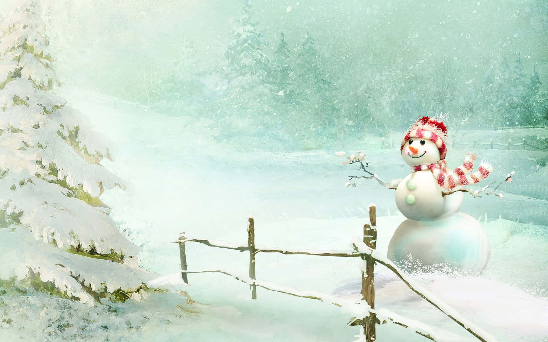 Christmas Snowman Trees Covered In Snow Background