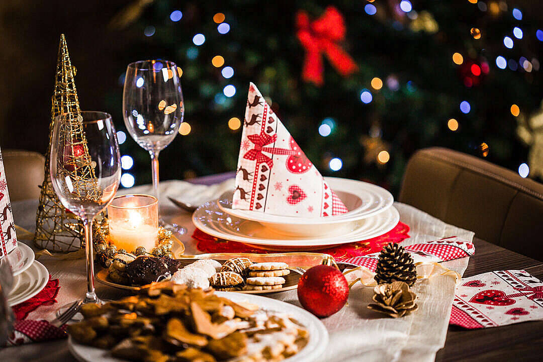 Christmas Table With Pretty Decorations Background