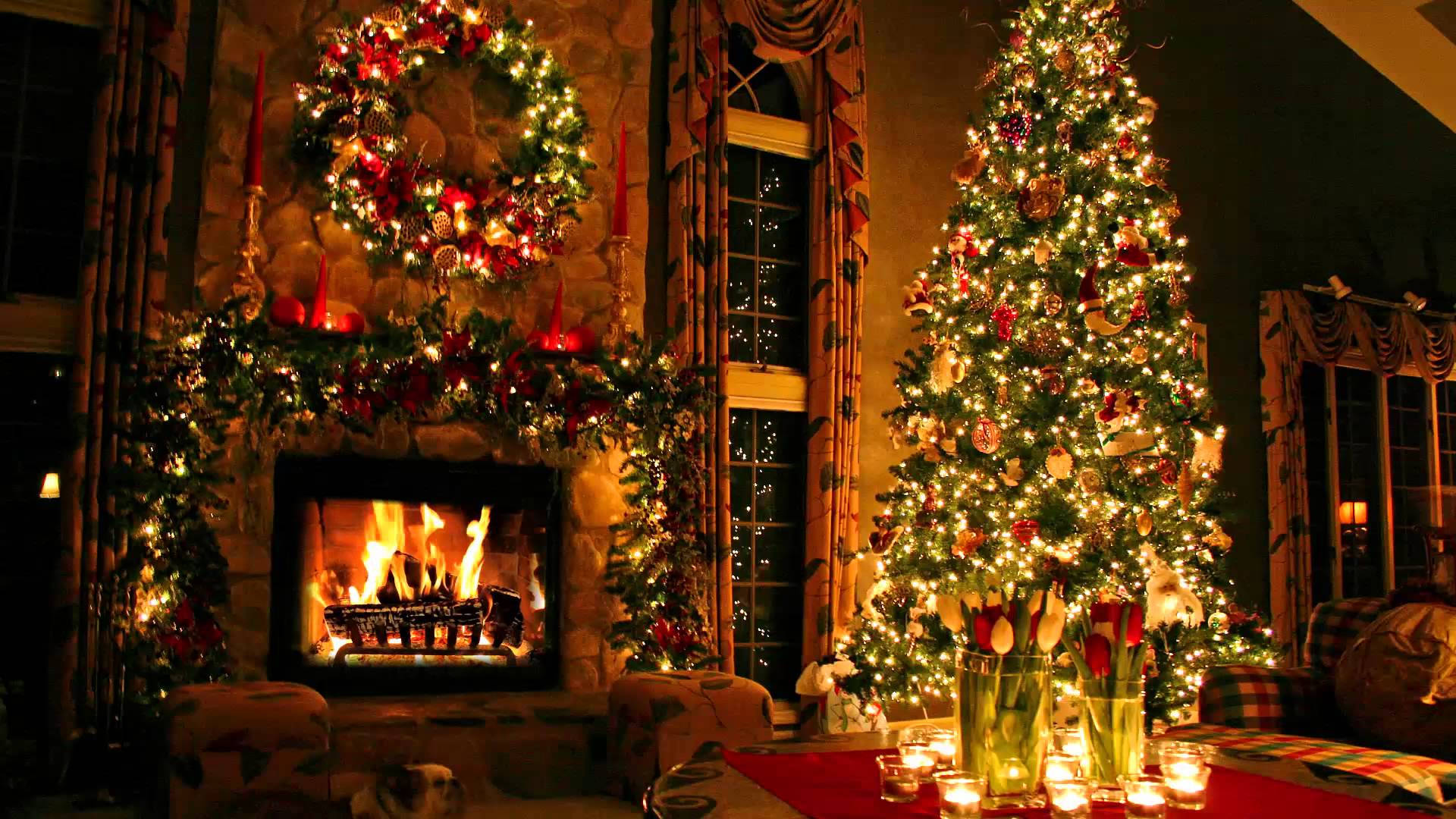 Christmas Tree By The Fireplace Background