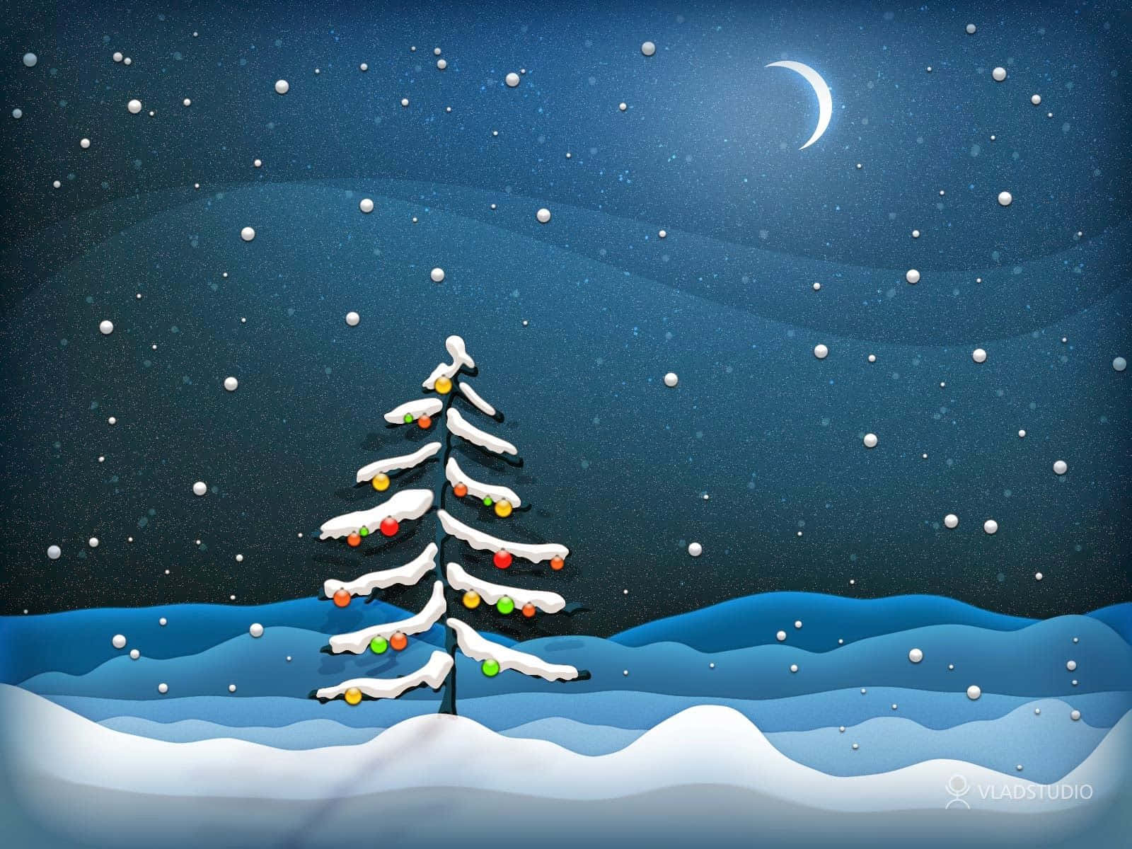 Christmas Tree Cartoon In Snowy Night Background