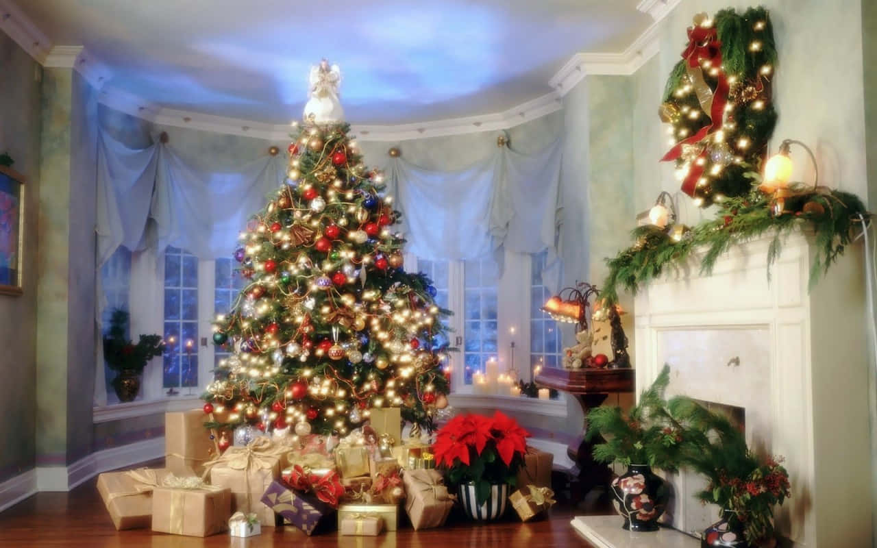 Christmas Tree In A Living Room With Presents Background