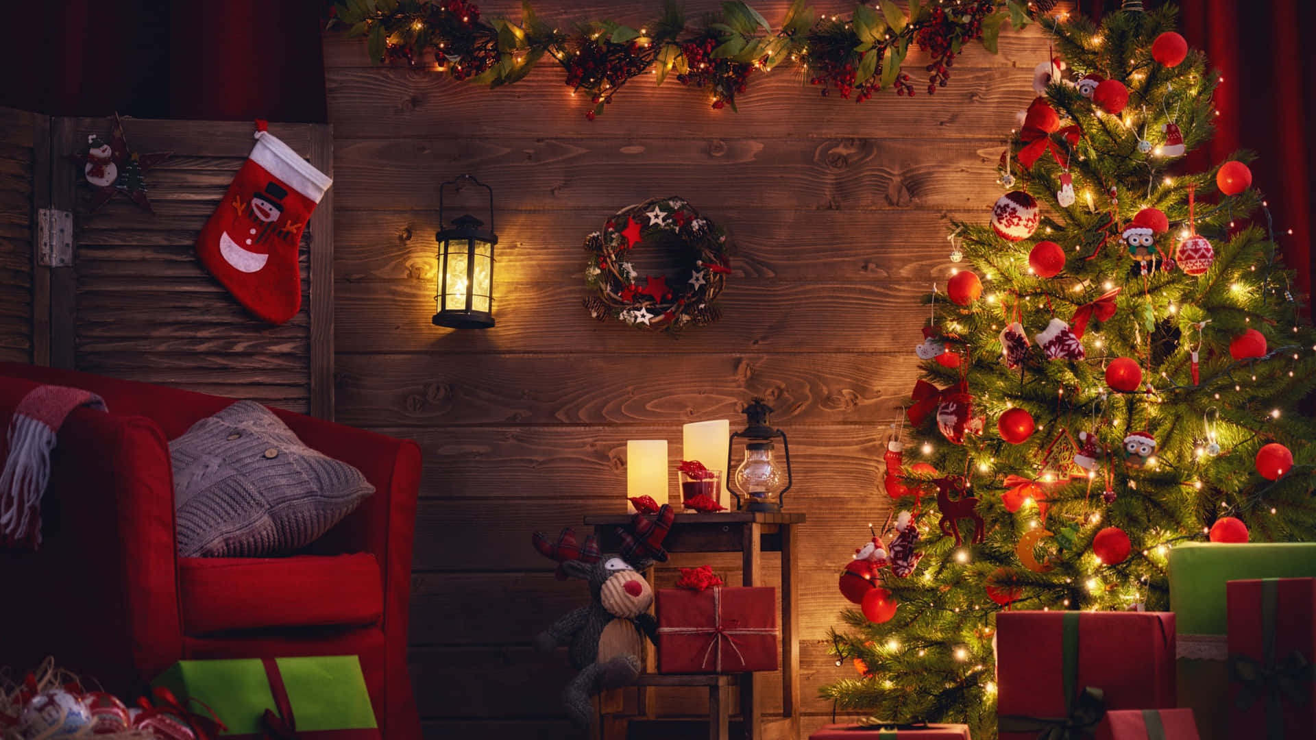 Christmas Tree In A Room With Red Chairs And Presents Background