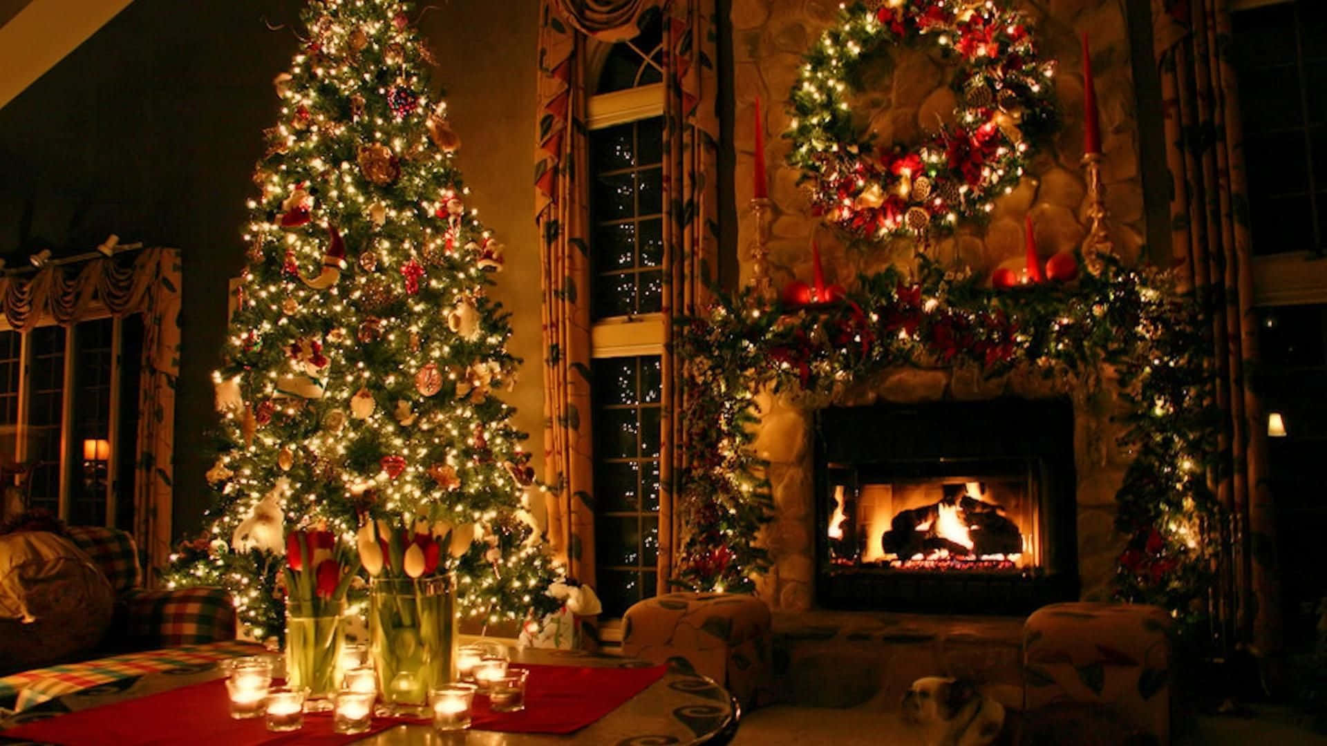 Christmas Tree In The Living Room With Candles And A Fireplace Background