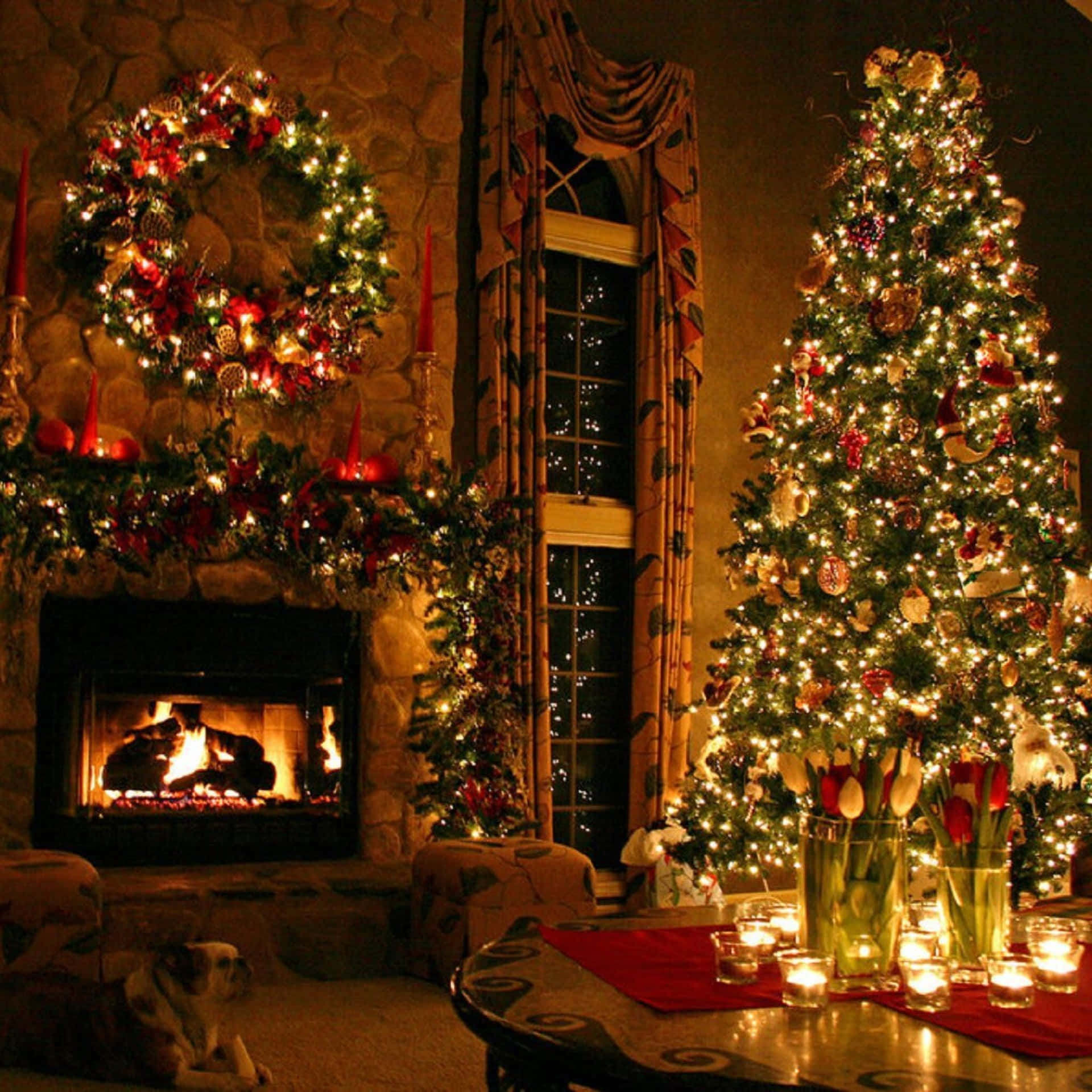 Christmas Tree In The Living Room With Candles Background