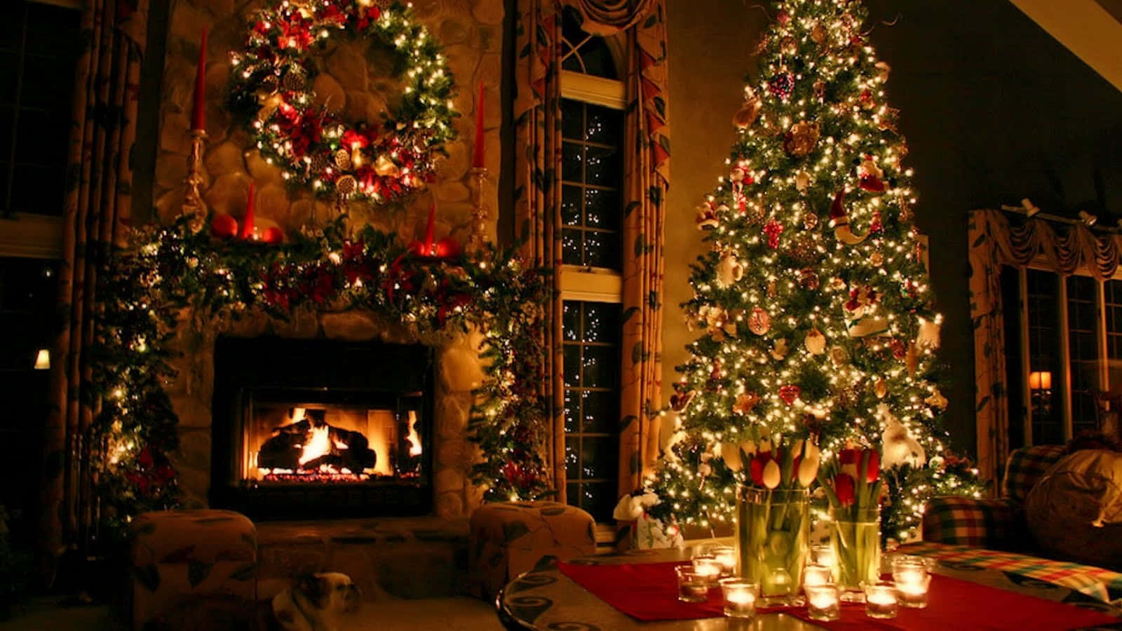 Christmas Tree In The Living Room With Fireplace Background