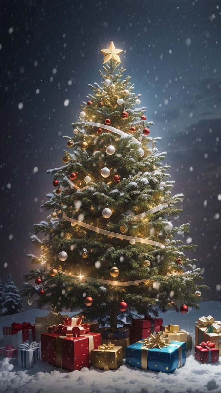 Christmas Tree With Giftsand Snowfall.jpg Background