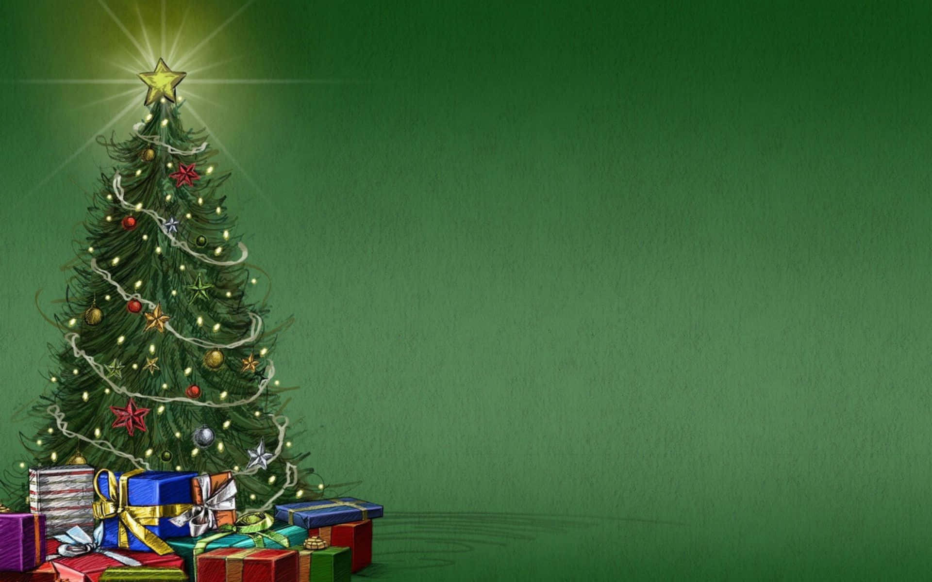 Christmas Tree With Presents On Green Background Background