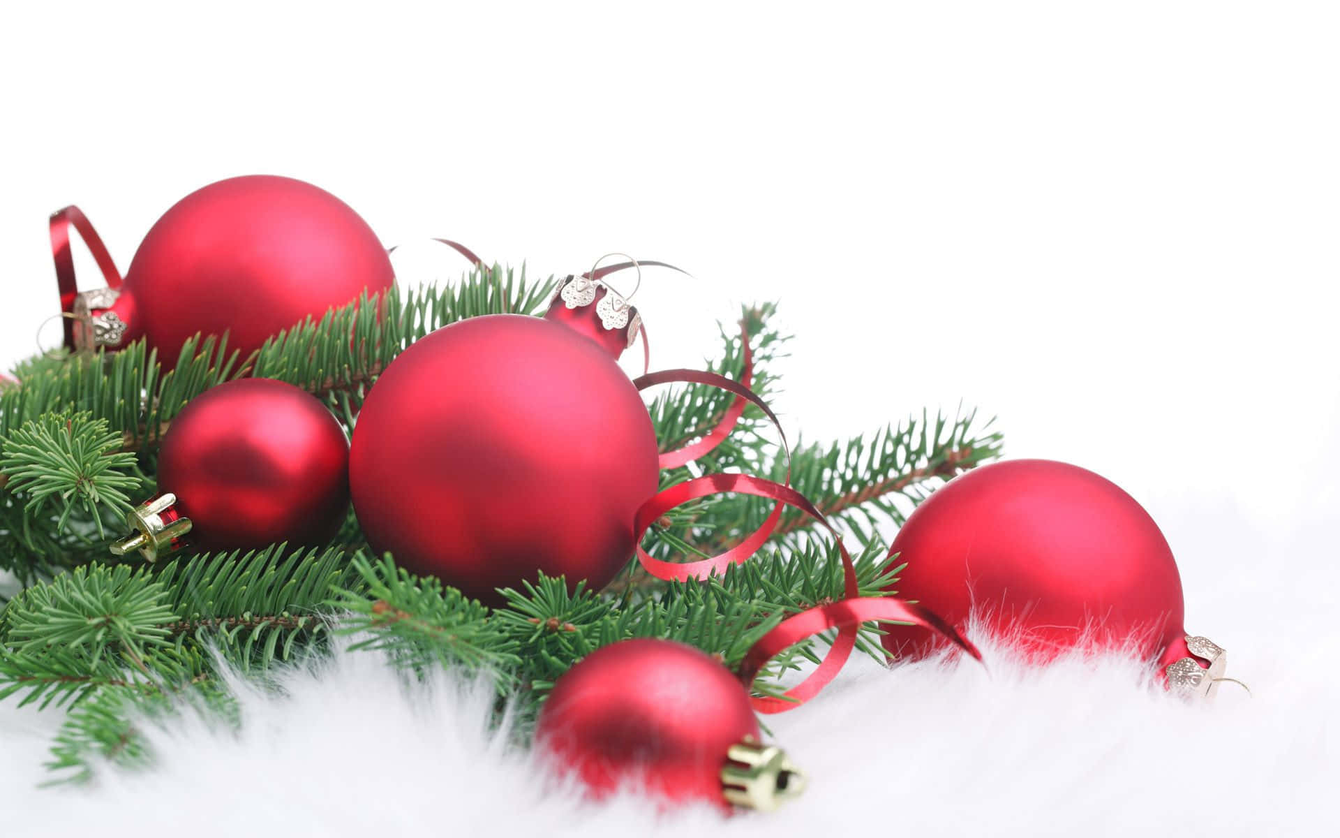 Christmas Tree With Red Ornaments And White Fur Background