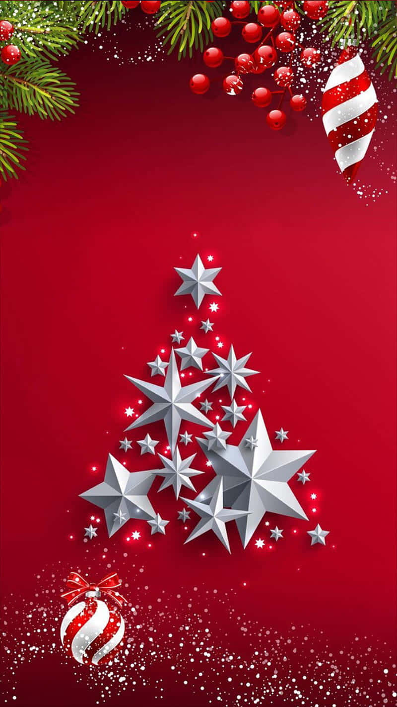 Christmas Tree With Stars On A Red Background Background